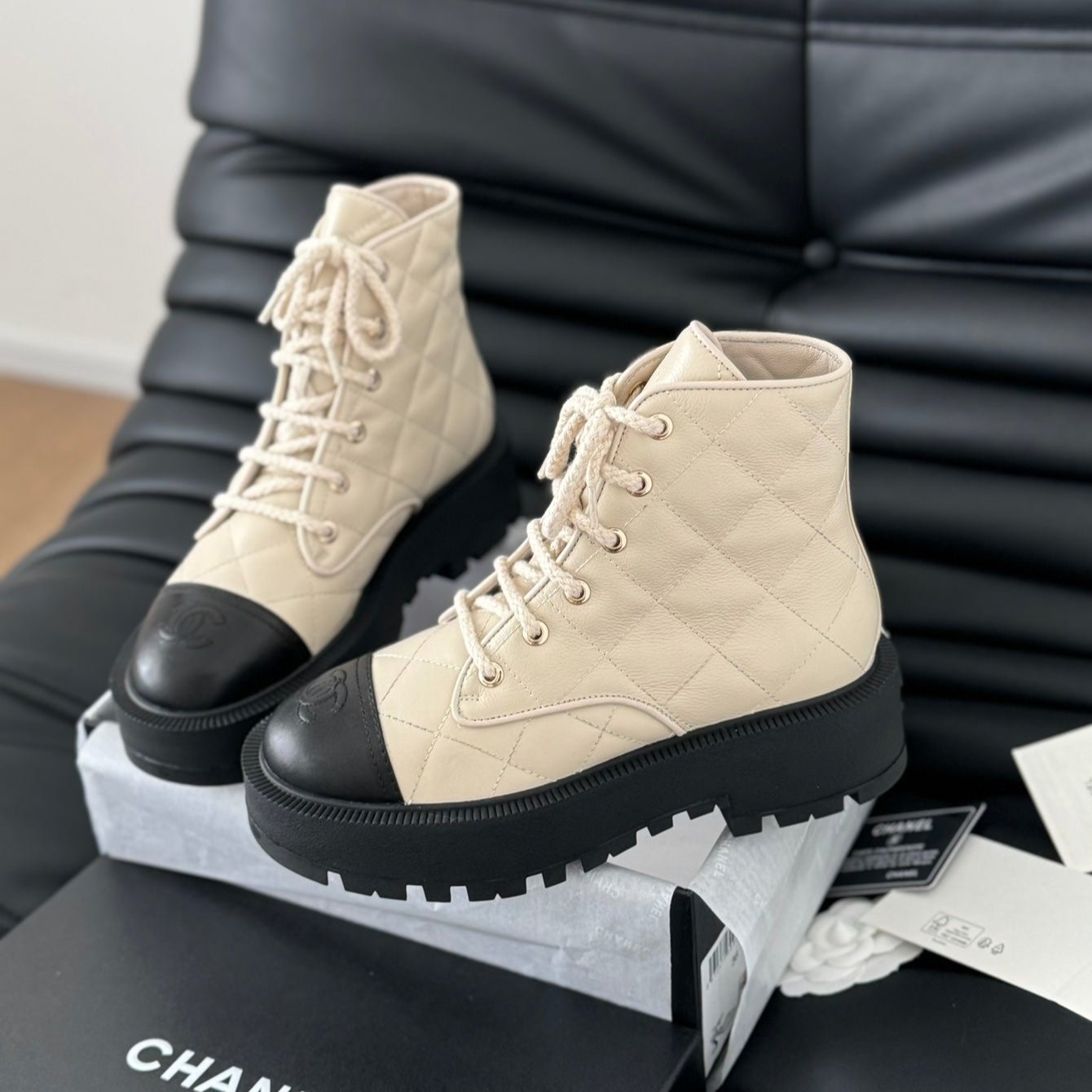 cc ankle boots cream quilted lambskin