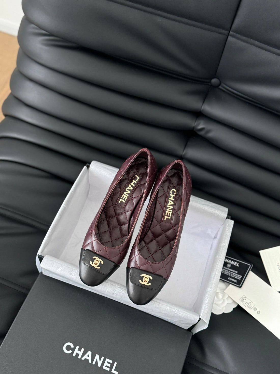 cc classic ballet flat with heel burgundy quilted calfskin