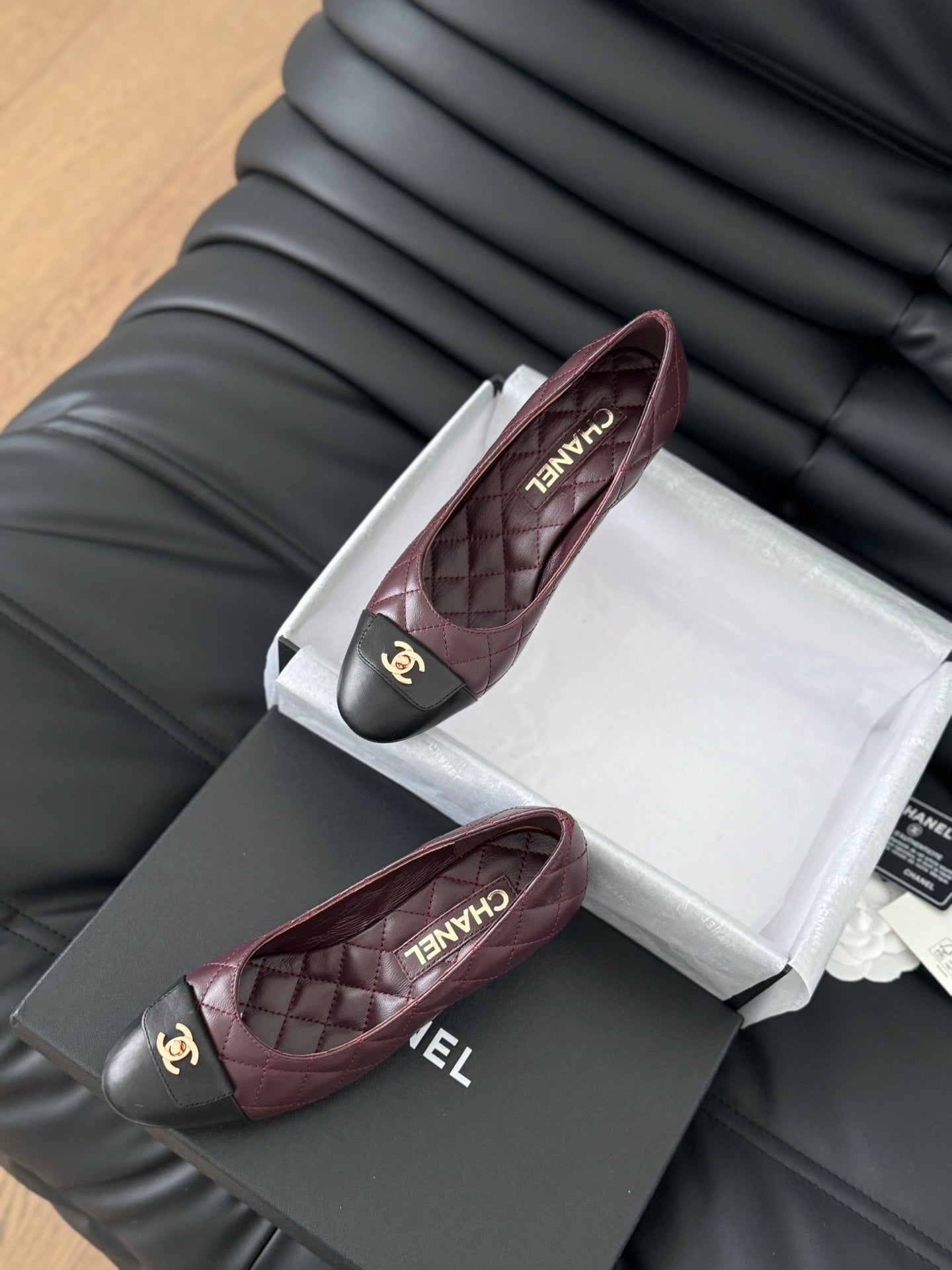 cc classic ballet flat with heel burgundy quilted calfskin