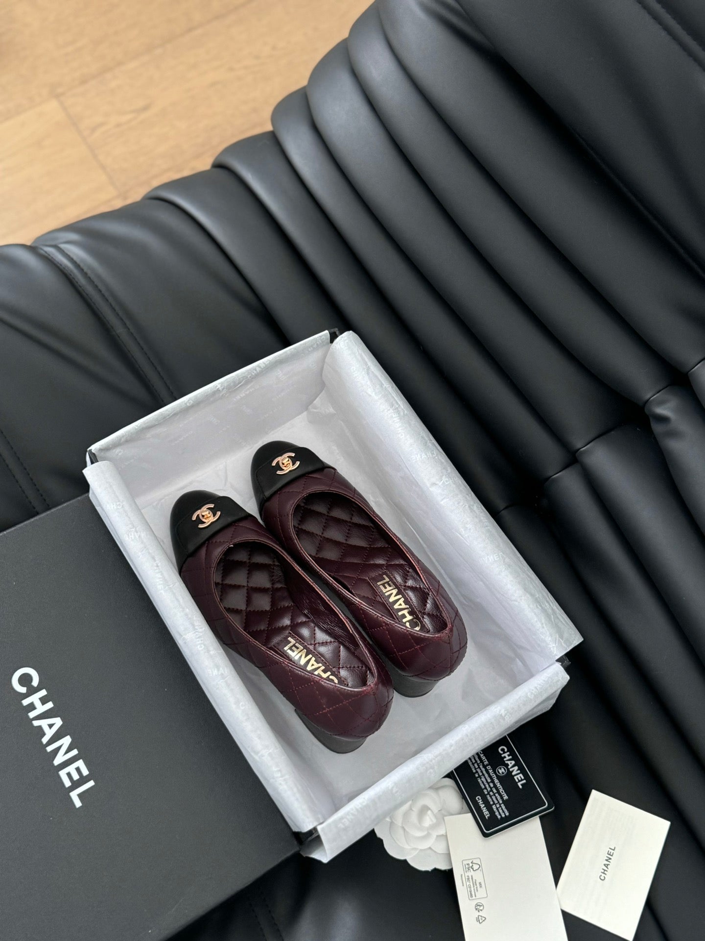 cc classic ballet flat with heel burgundy quilted calfskin