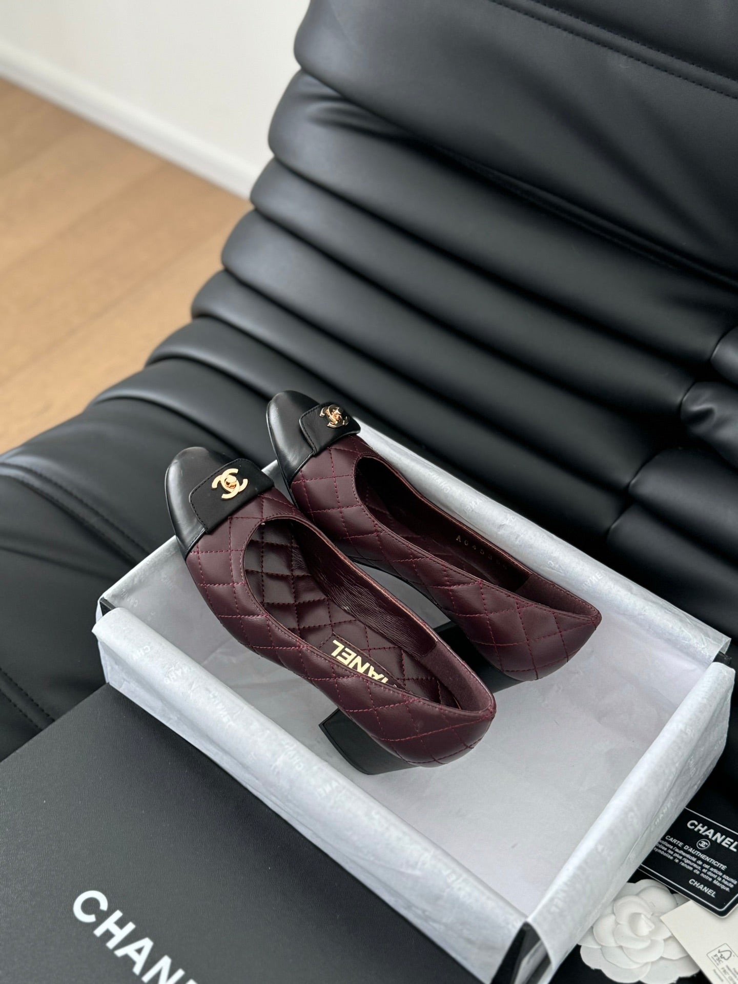 cc classic ballet flat with heel burgundy quilted calfskin