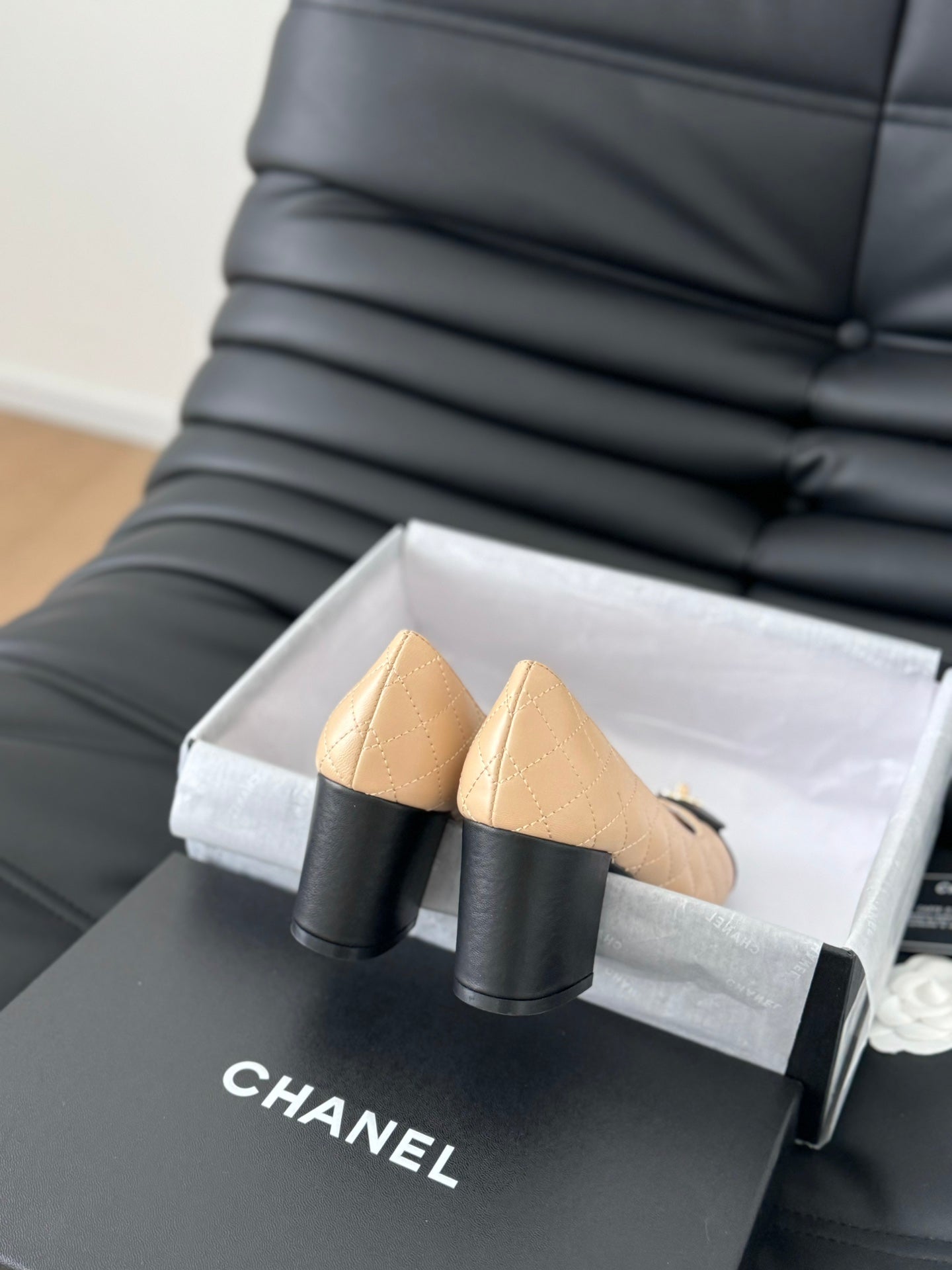 cc classic ballet flat with heel beige quilted calfskin