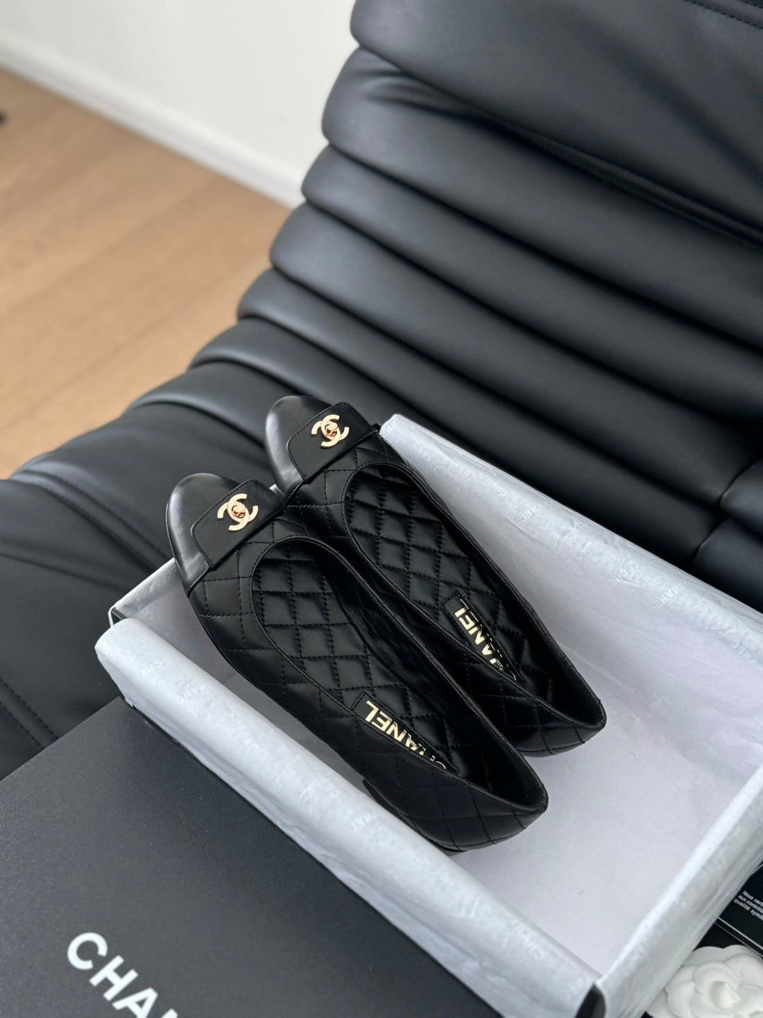 cc classic ballet flat black quilted calfskin