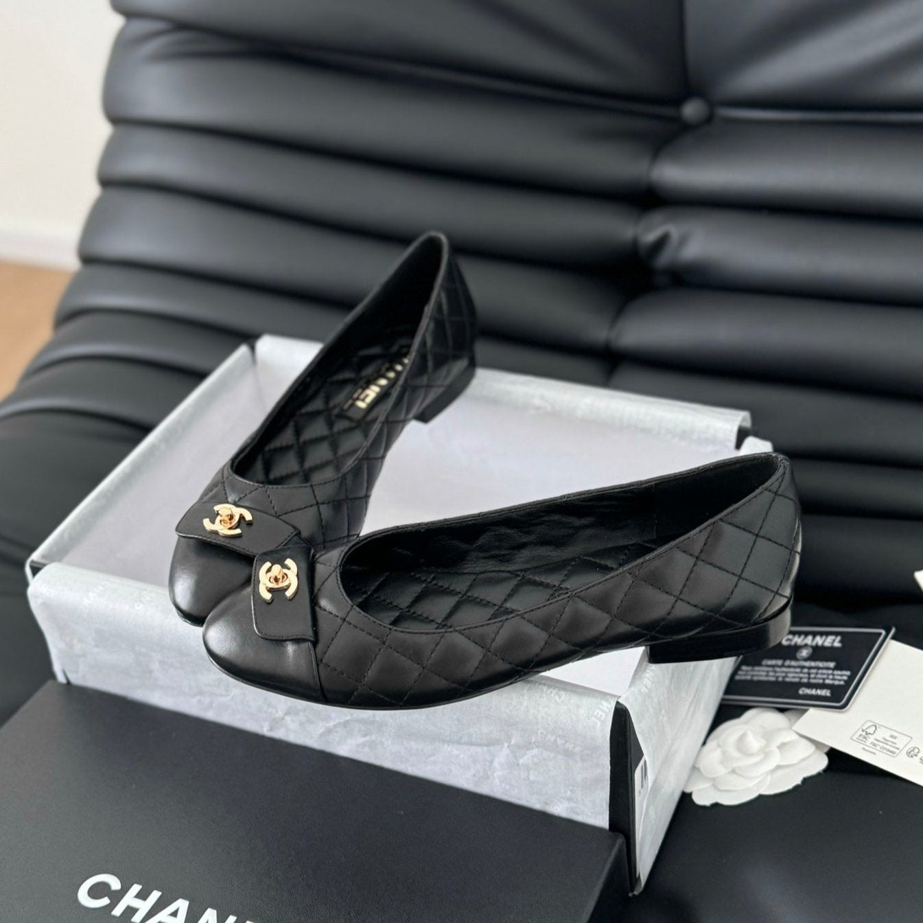 cc classic ballet flat black quilted calfskin