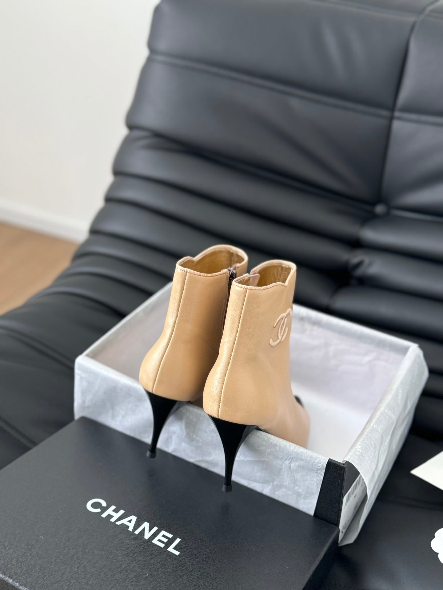 cc short boots 80 heel beige calfskin