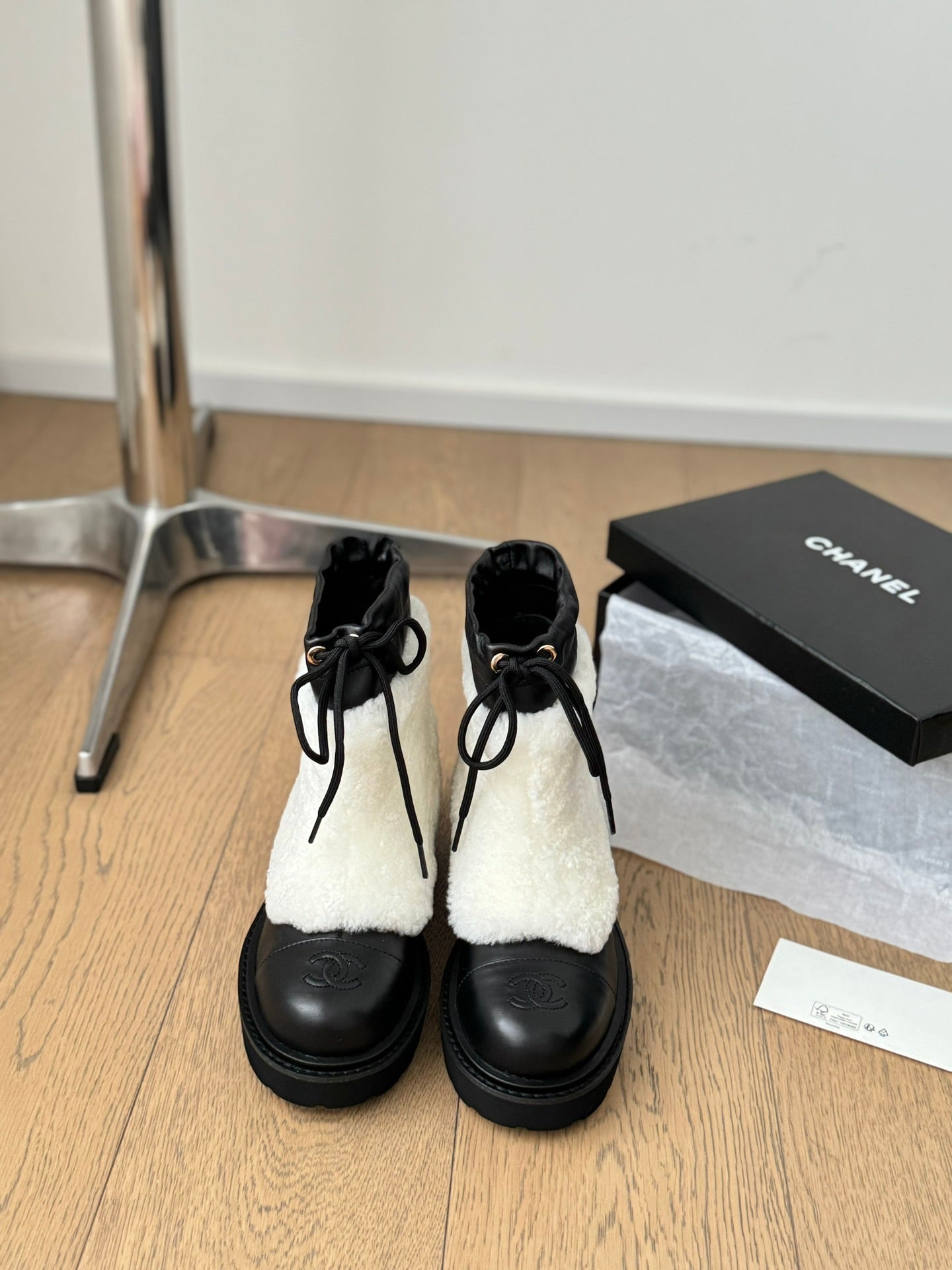 CC Ankle Boots Black Mix White Calfskin And Fleece