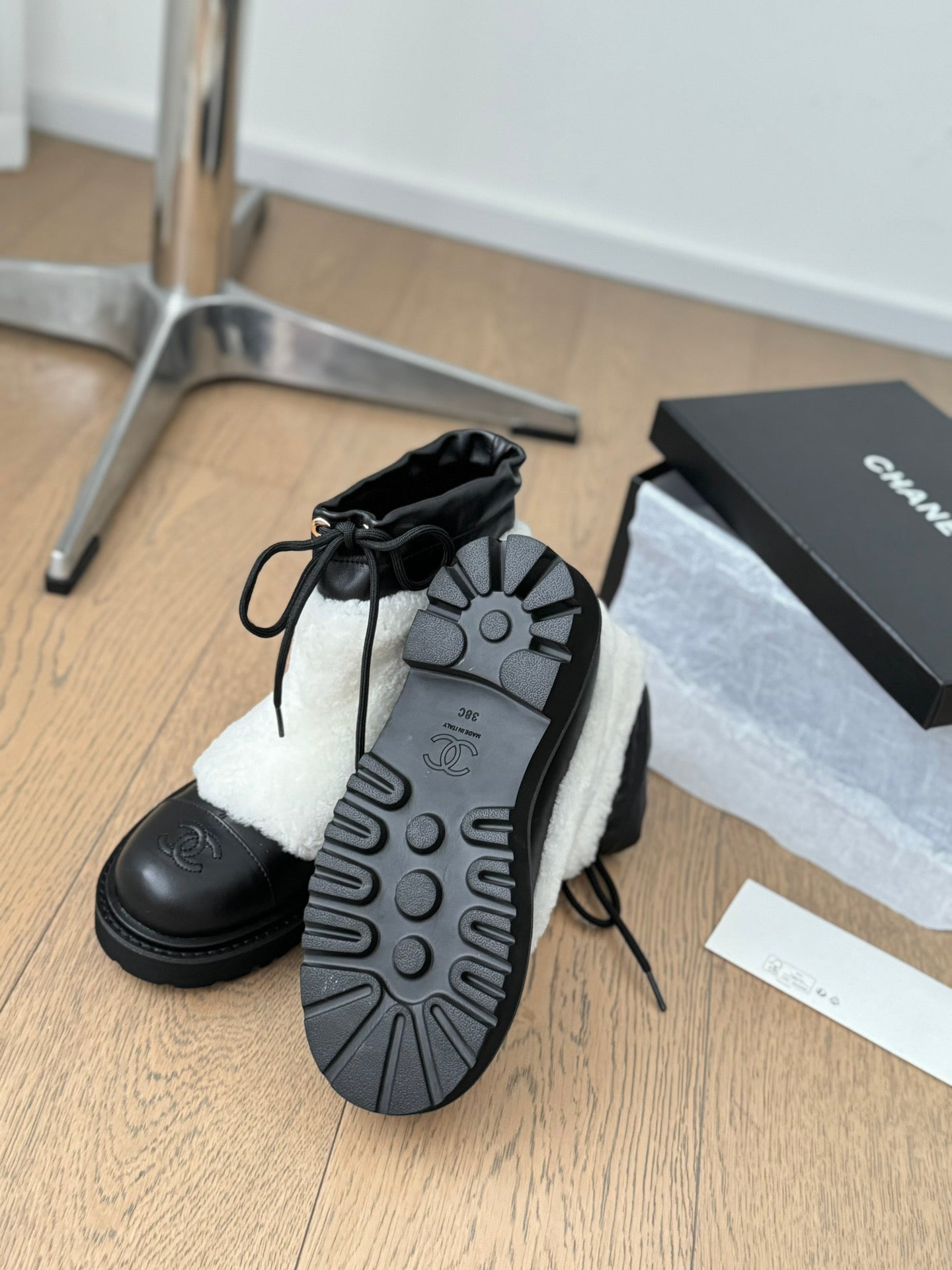 CC Ankle Boots Black Mix White Calfskin And Fleece
