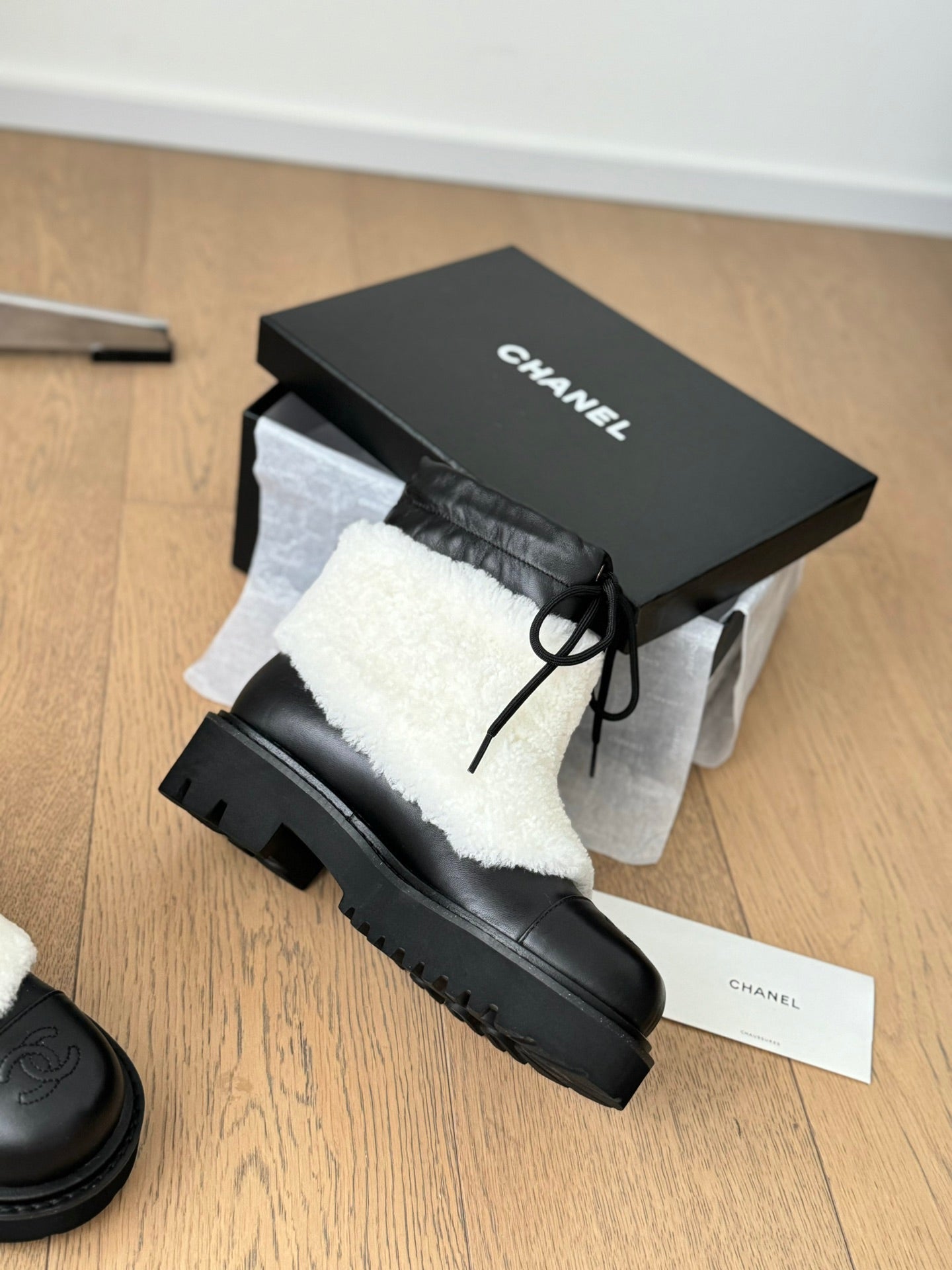 CC Ankle Boots Black Mix White Calfskin And Fleece