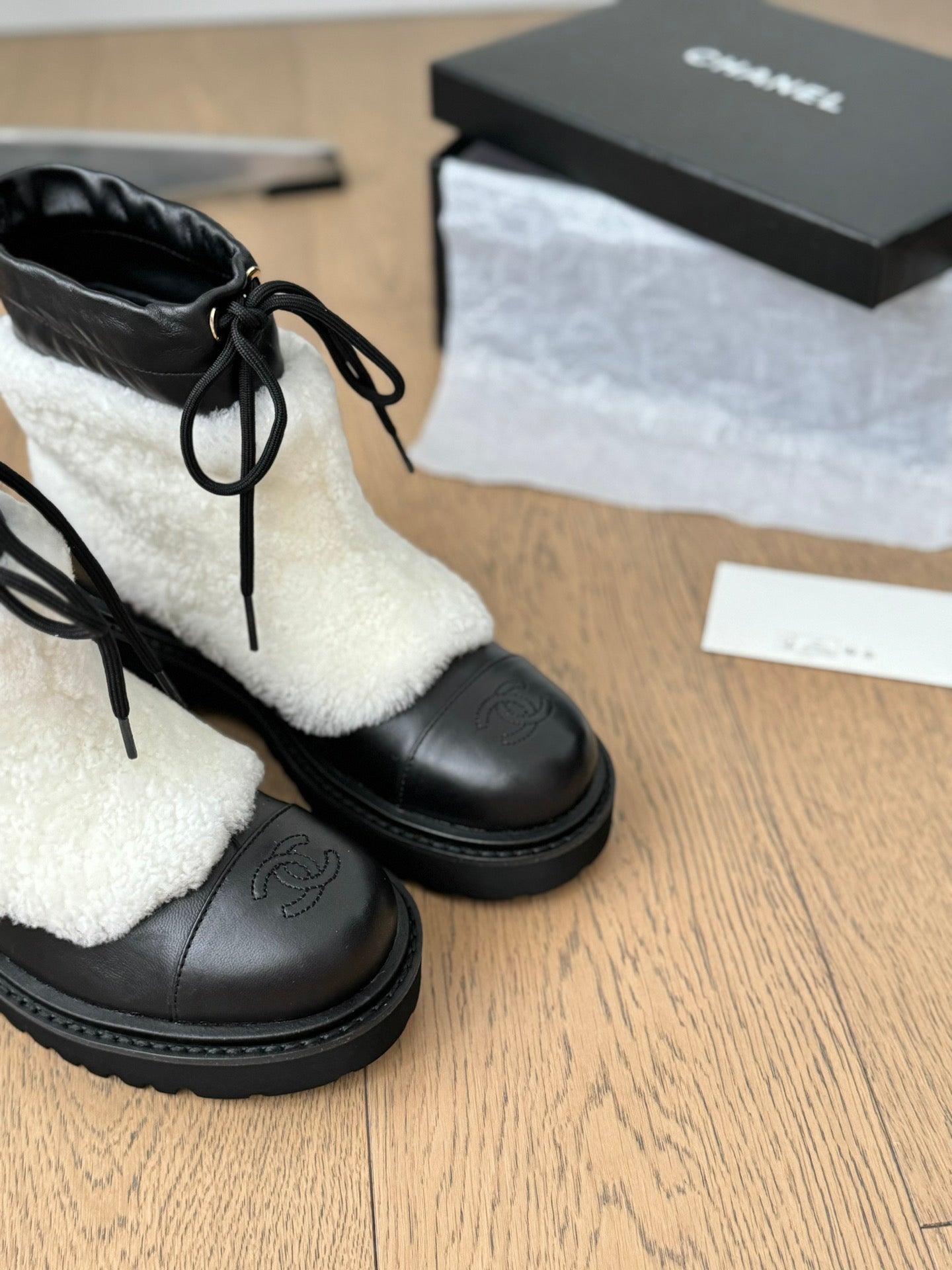 CC Ankle Boots Black Mix White Calfskin And Fleece