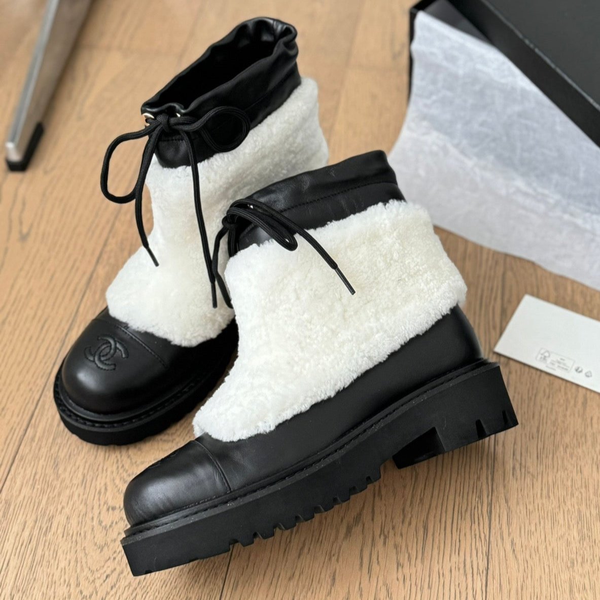 CC Ankle Boots Black Mix White Calfskin And Fleece