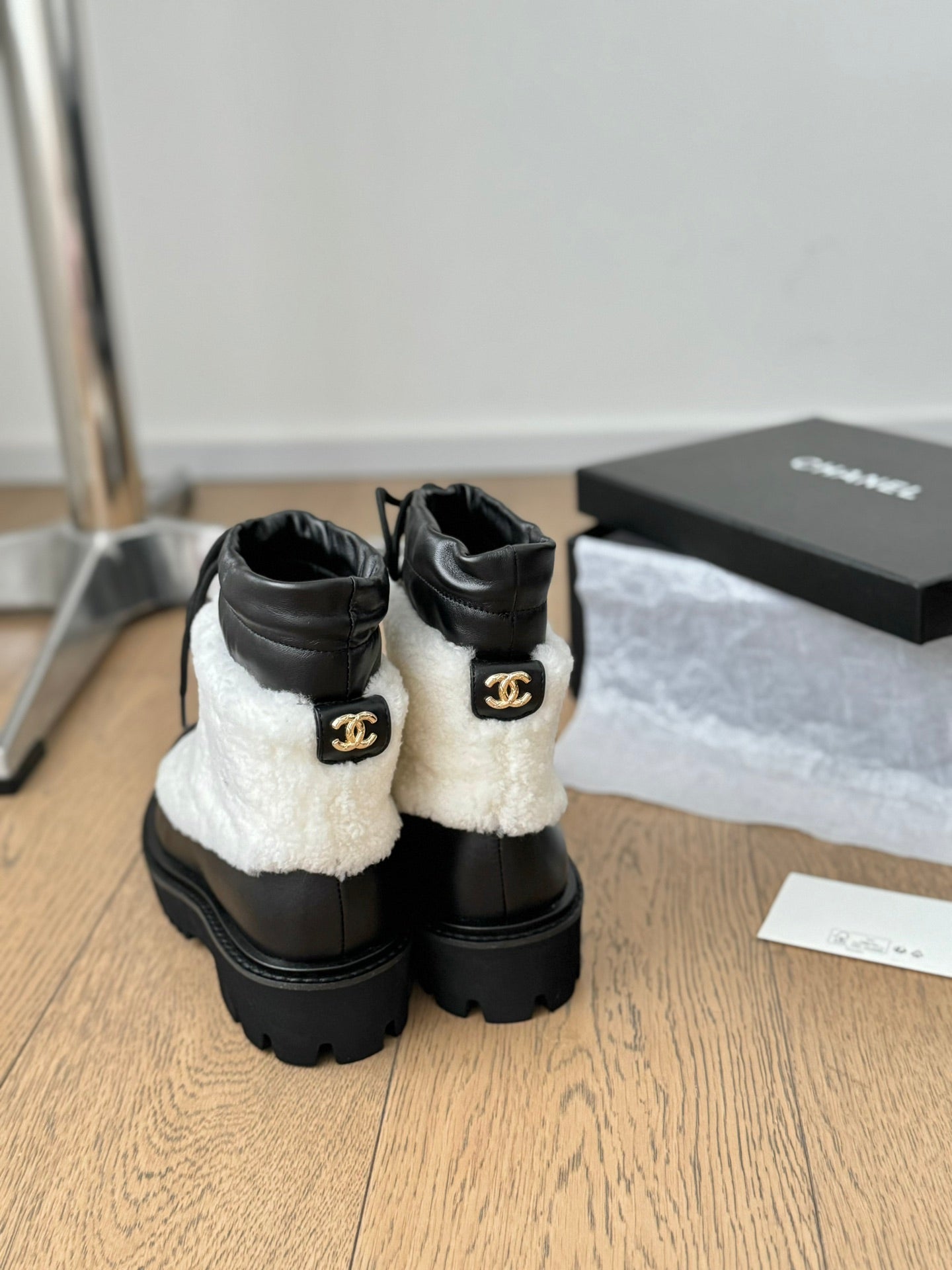 CC Ankle Boots Black Mix White Calfskin And Fleece