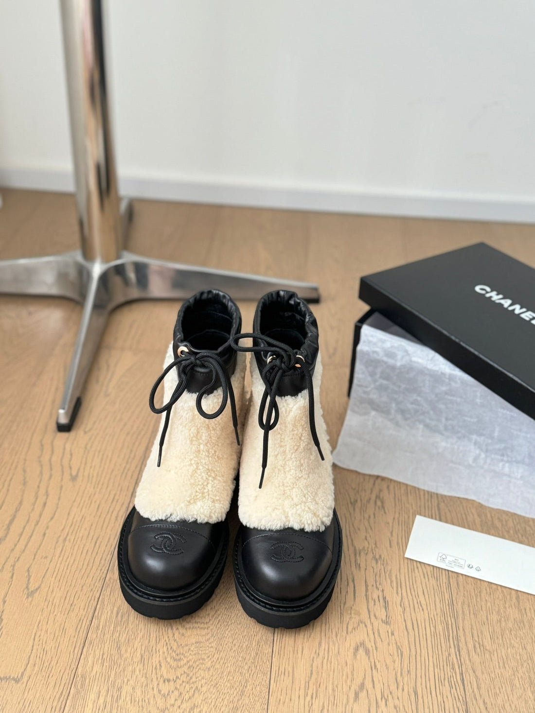 CC Ankle Boots Black Mix Light Beige Calfskin And Fleece