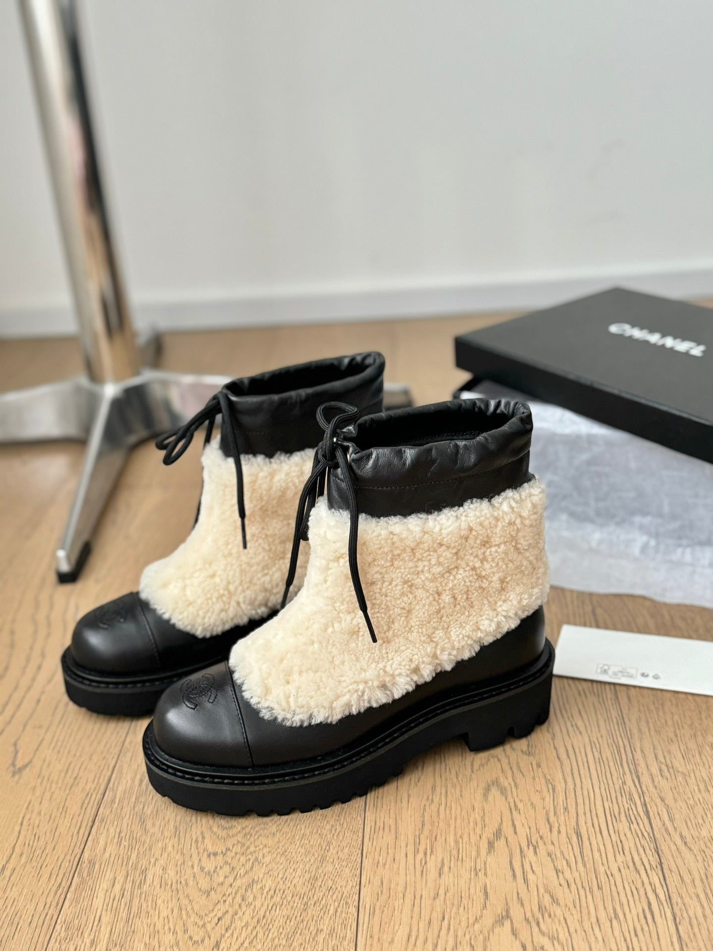 CC Ankle Boots Black Mix Light Beige Calfskin And Fleece