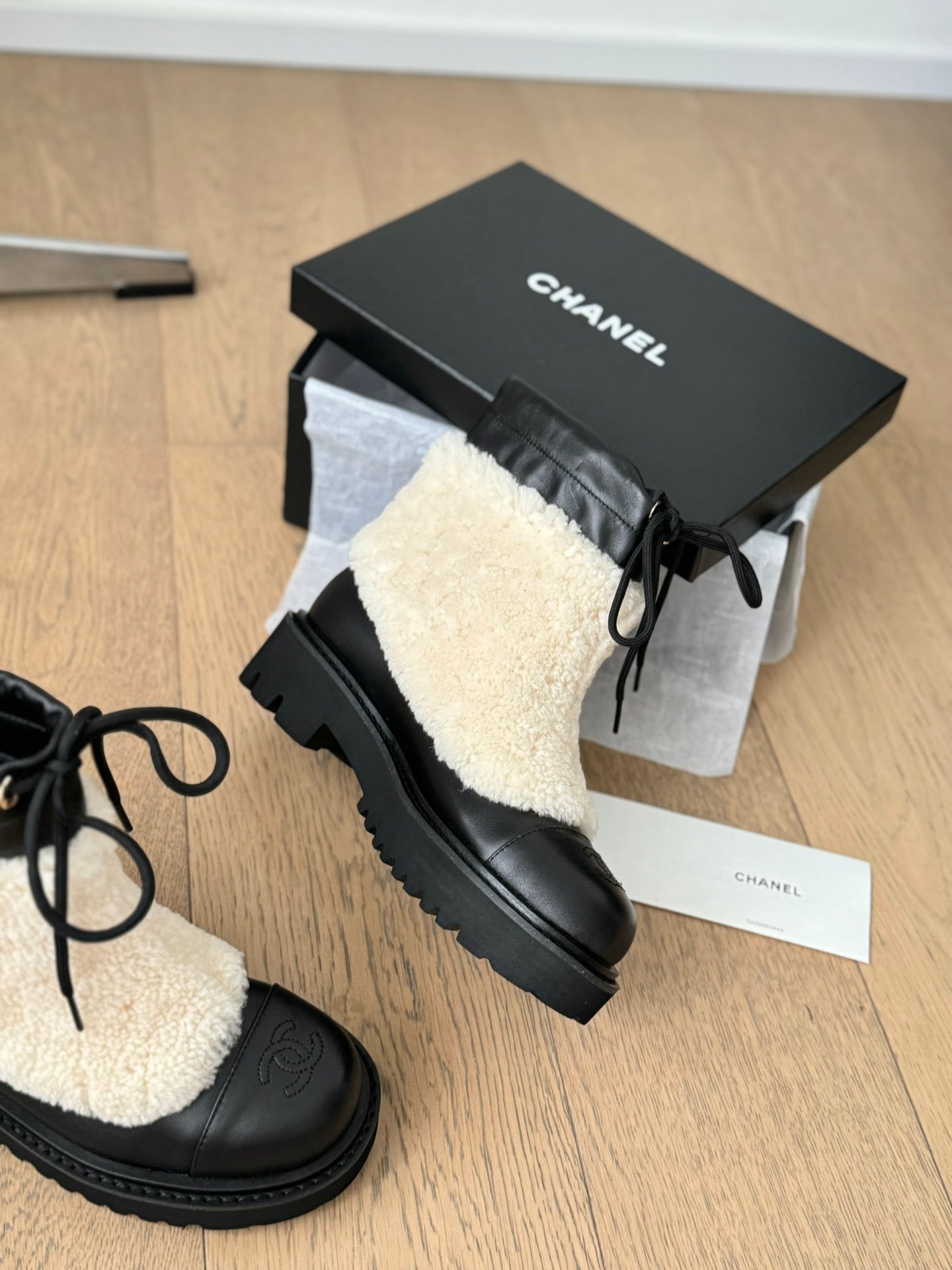 CC Ankle Boots Black Mix Light Beige Calfskin And Fleece