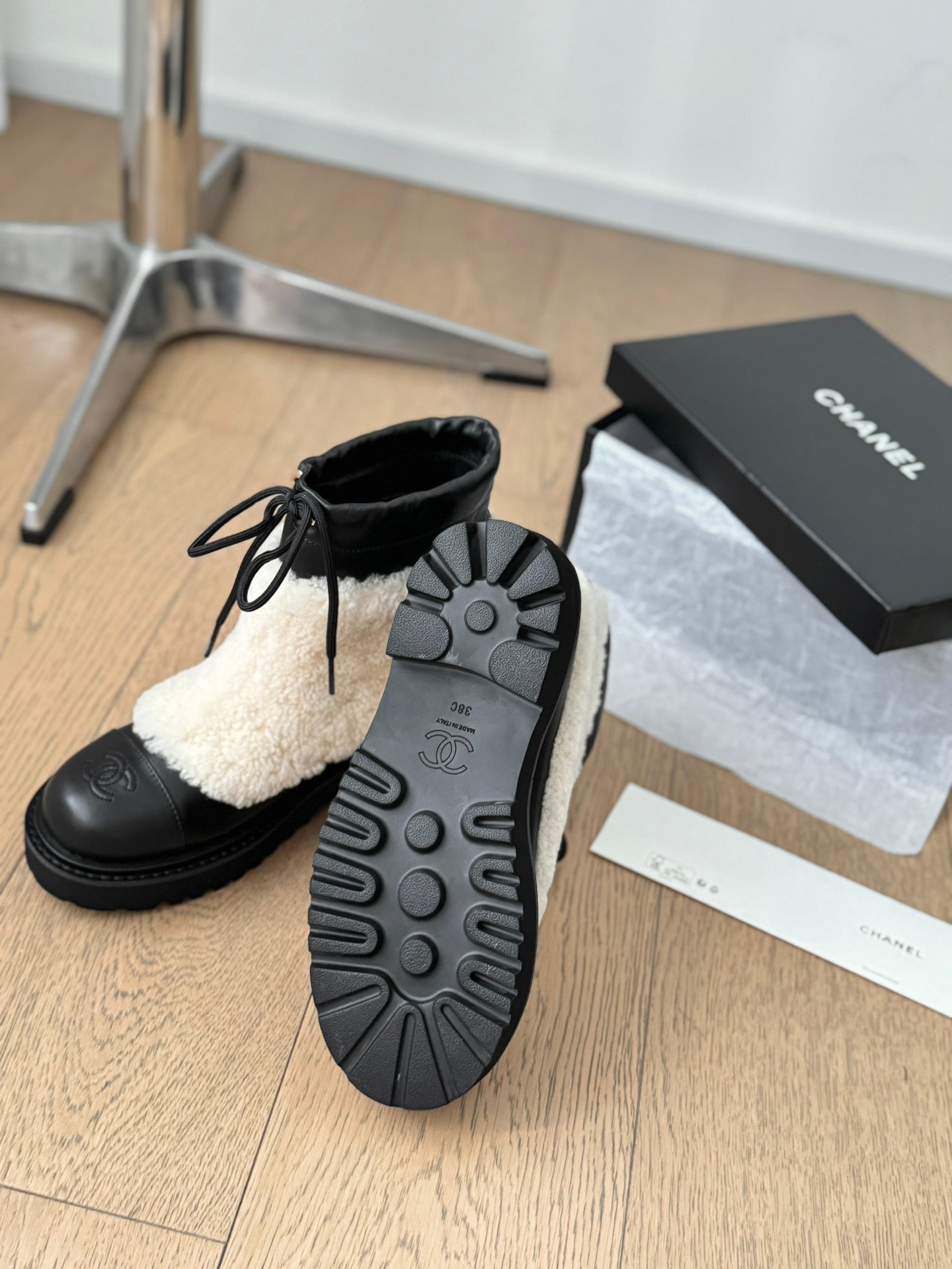 CC Ankle Boots Black Mix Light Beige Calfskin And Fleece