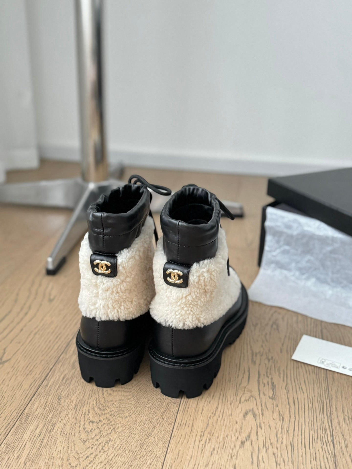 CC Ankle Boots Black Mix Light Beige Calfskin And Fleece