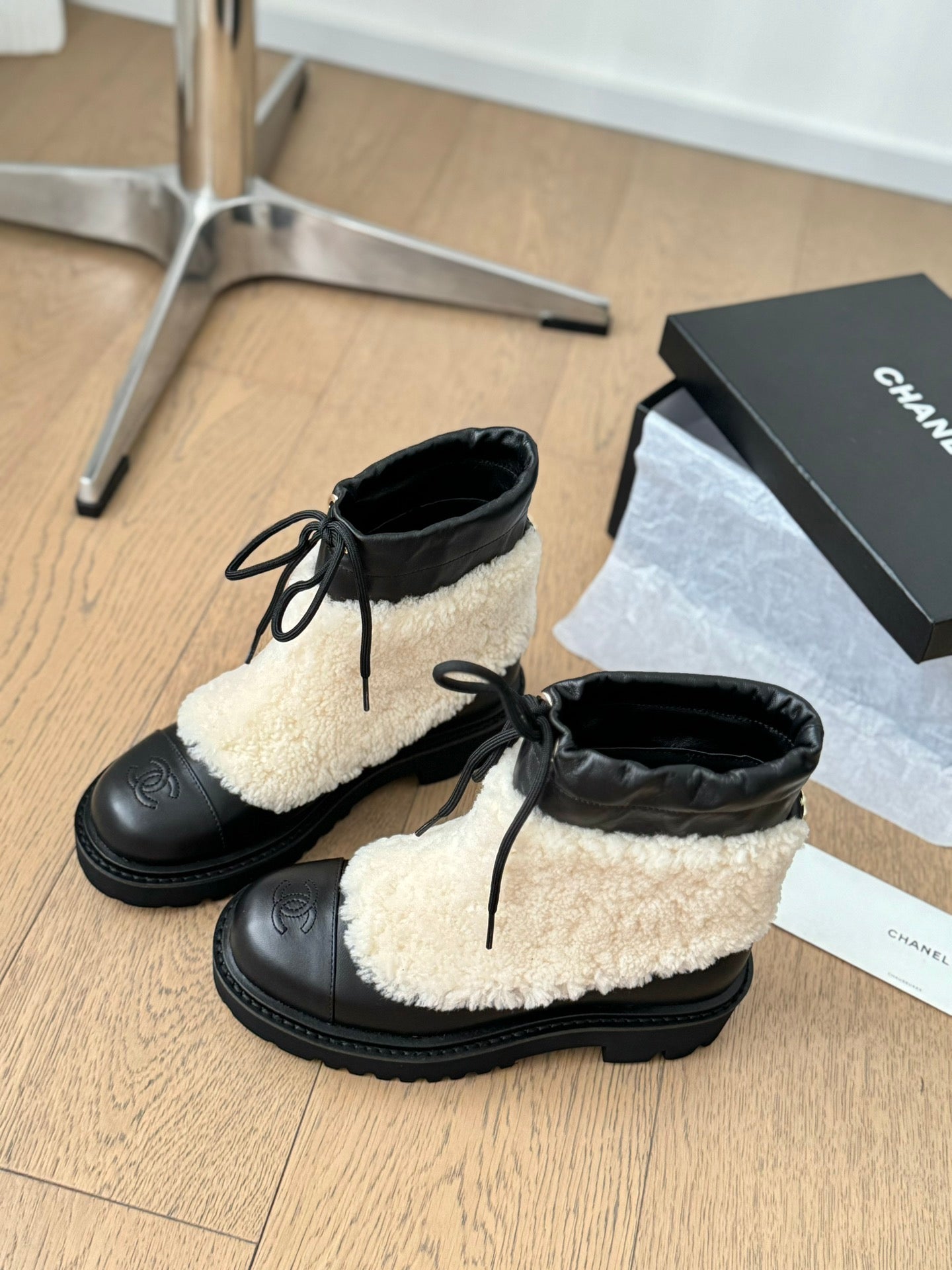 CC Ankle Boots Black Mix Light Beige Calfskin And Fleece