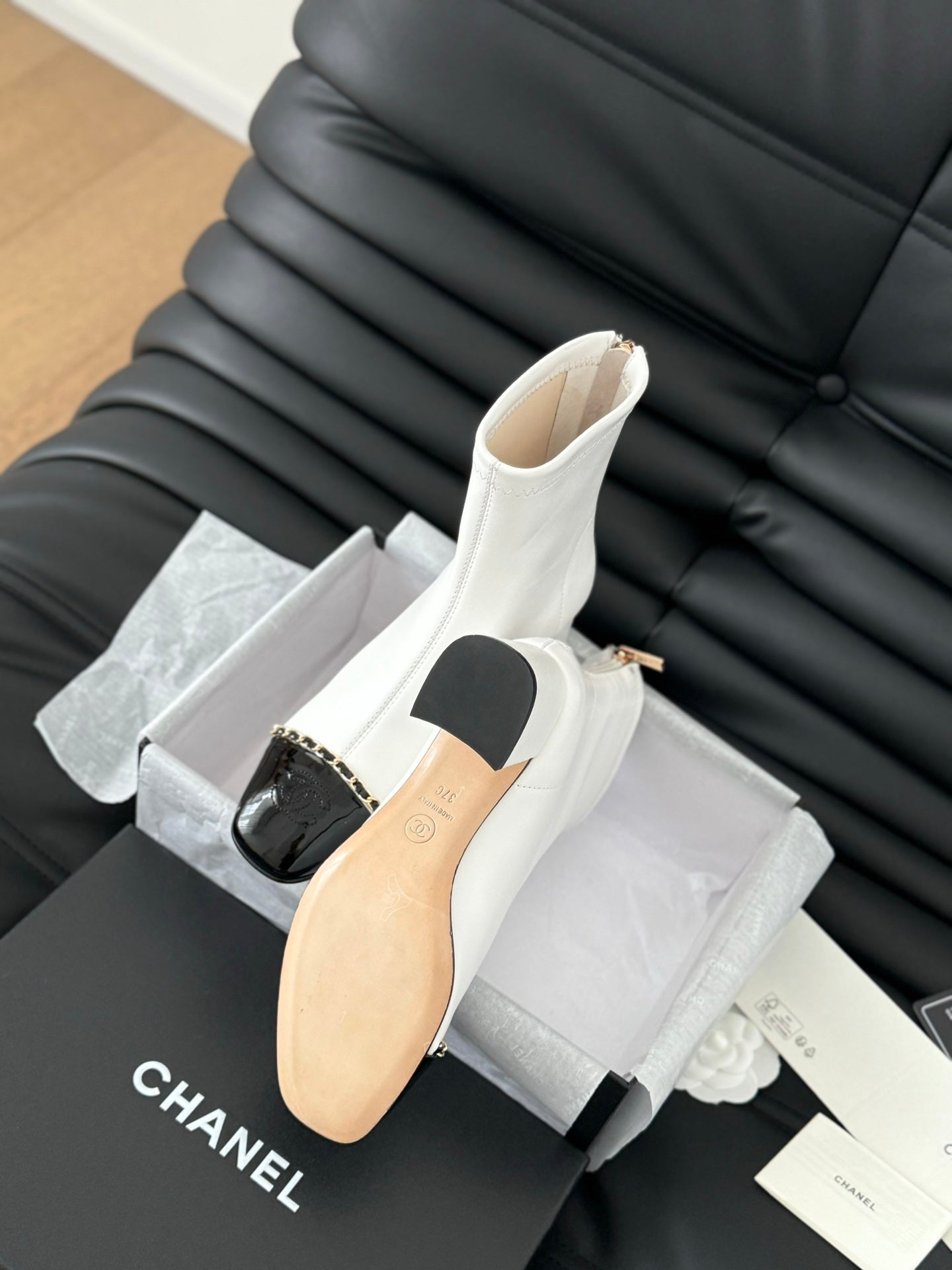 CC Ankle Boot White Calfskin Black Patent Calfskin