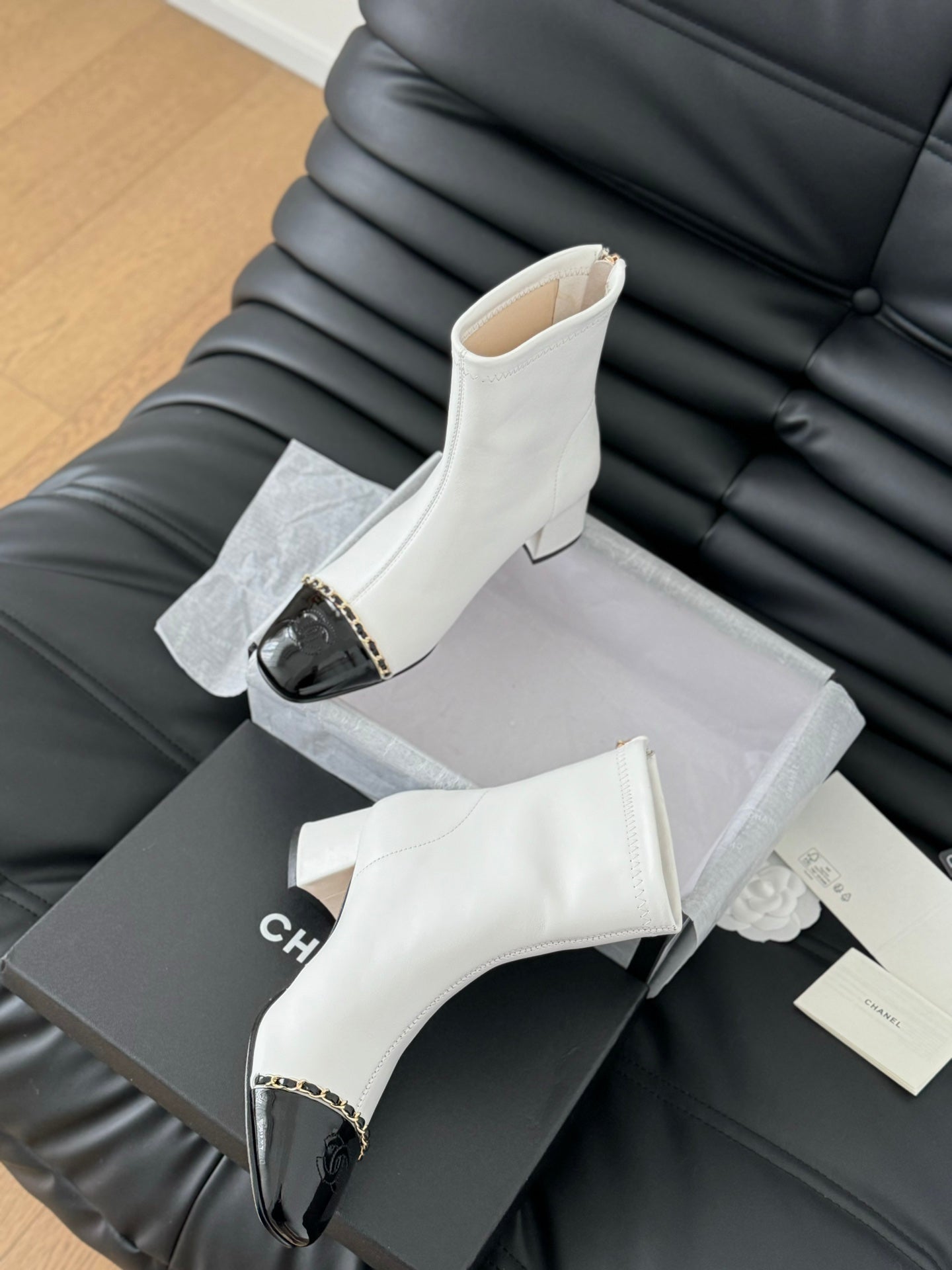 CC Ankle Boot White Calfskin Black Patent Calfskin