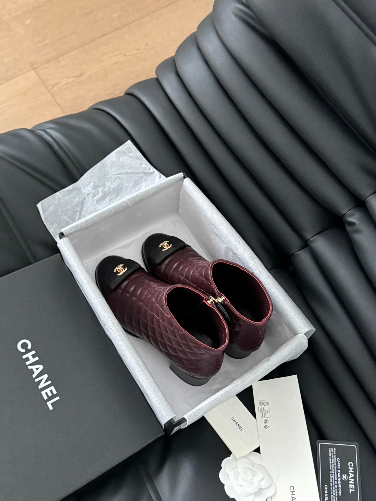 CC SHORT BOOTS 65 MM IN SANGRIA PURPLE MIX BLACK QUILTED PATTERN LAMBSKIN