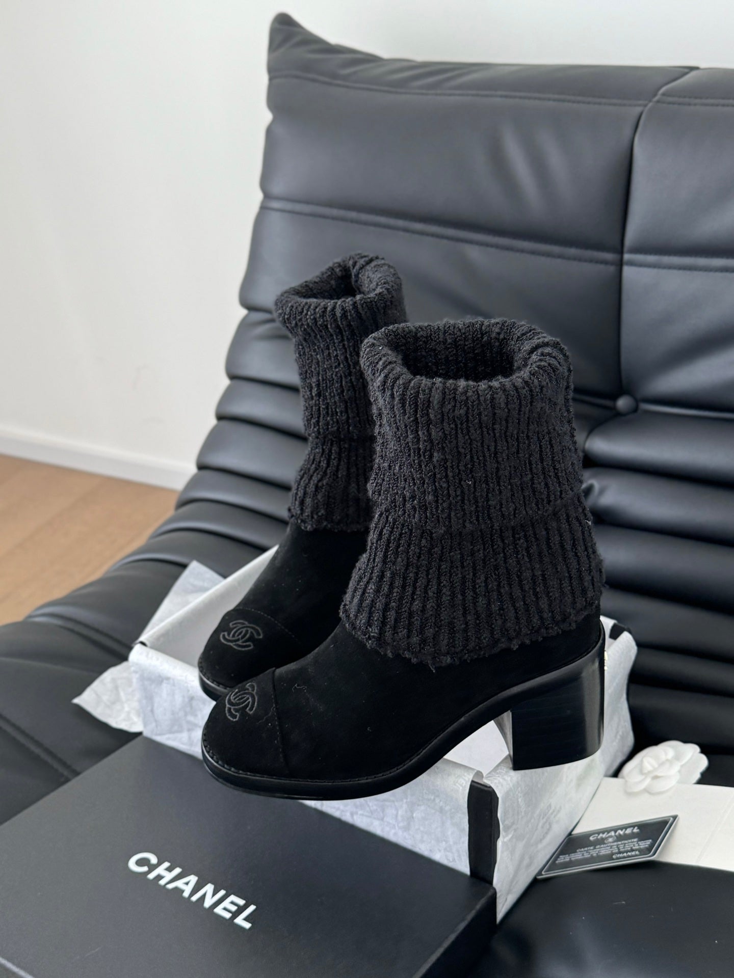 CC 25 new sock boots black knit wool suede  458775