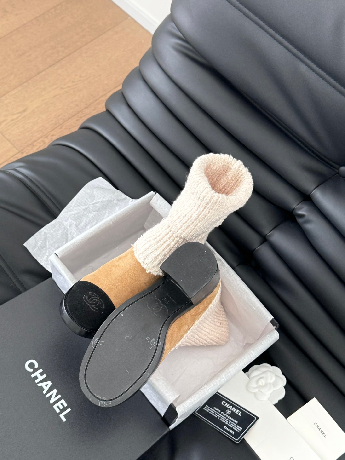 CC 25 new sock boots black beige knit wool suede  458776