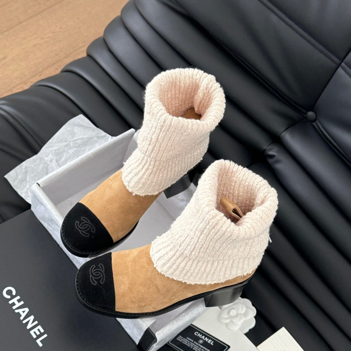 CC 25 new sock boots black beige knit wool suede  458776