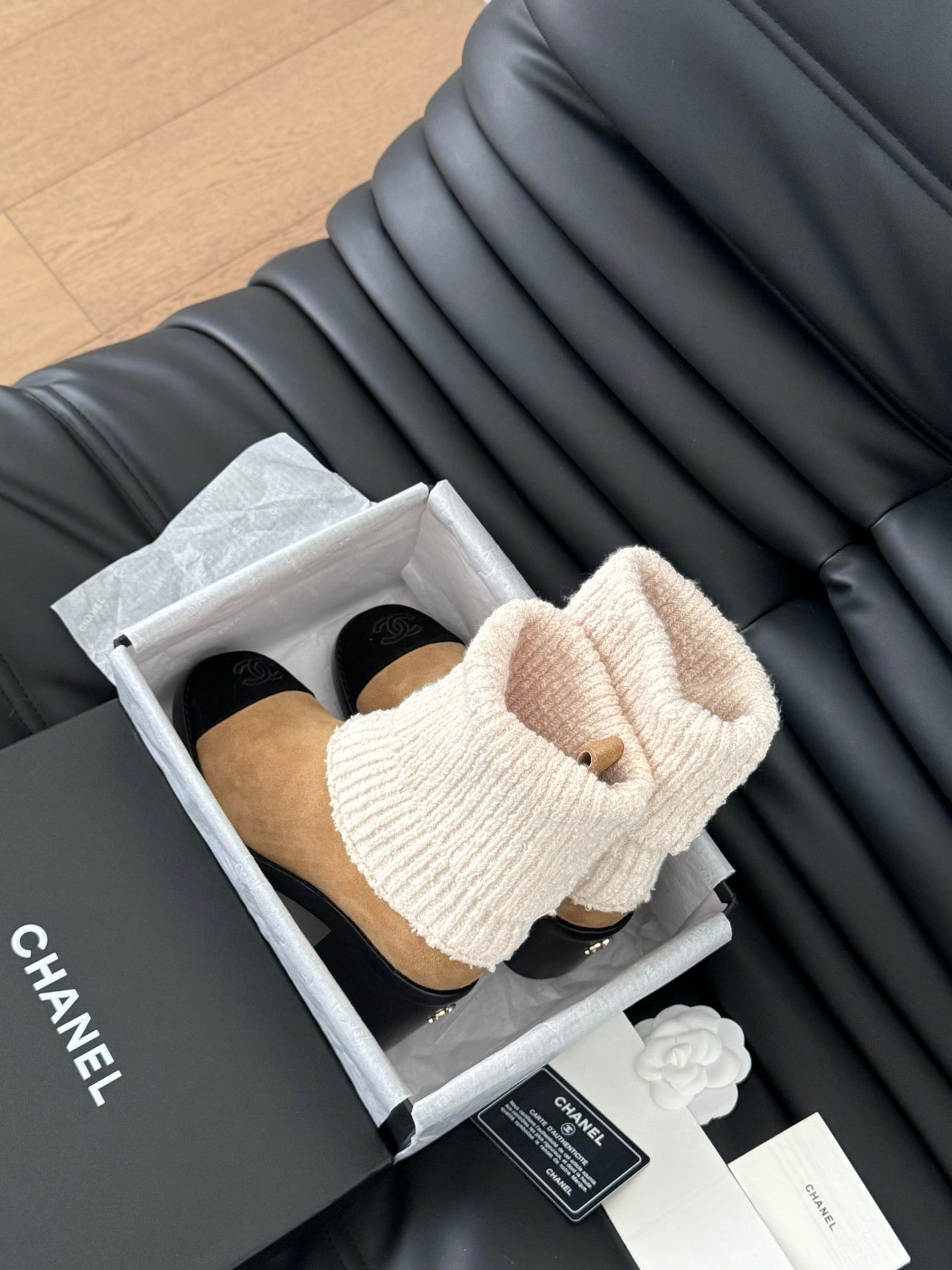 CC 25 new sock boots black beige knit wool suede  458776