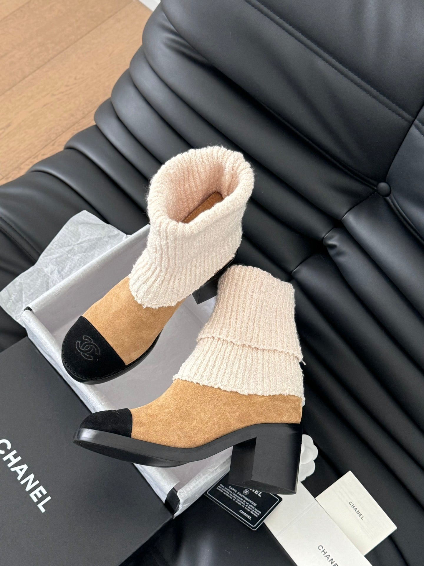 CC 25 new sock boots black beige knit wool suede  458776