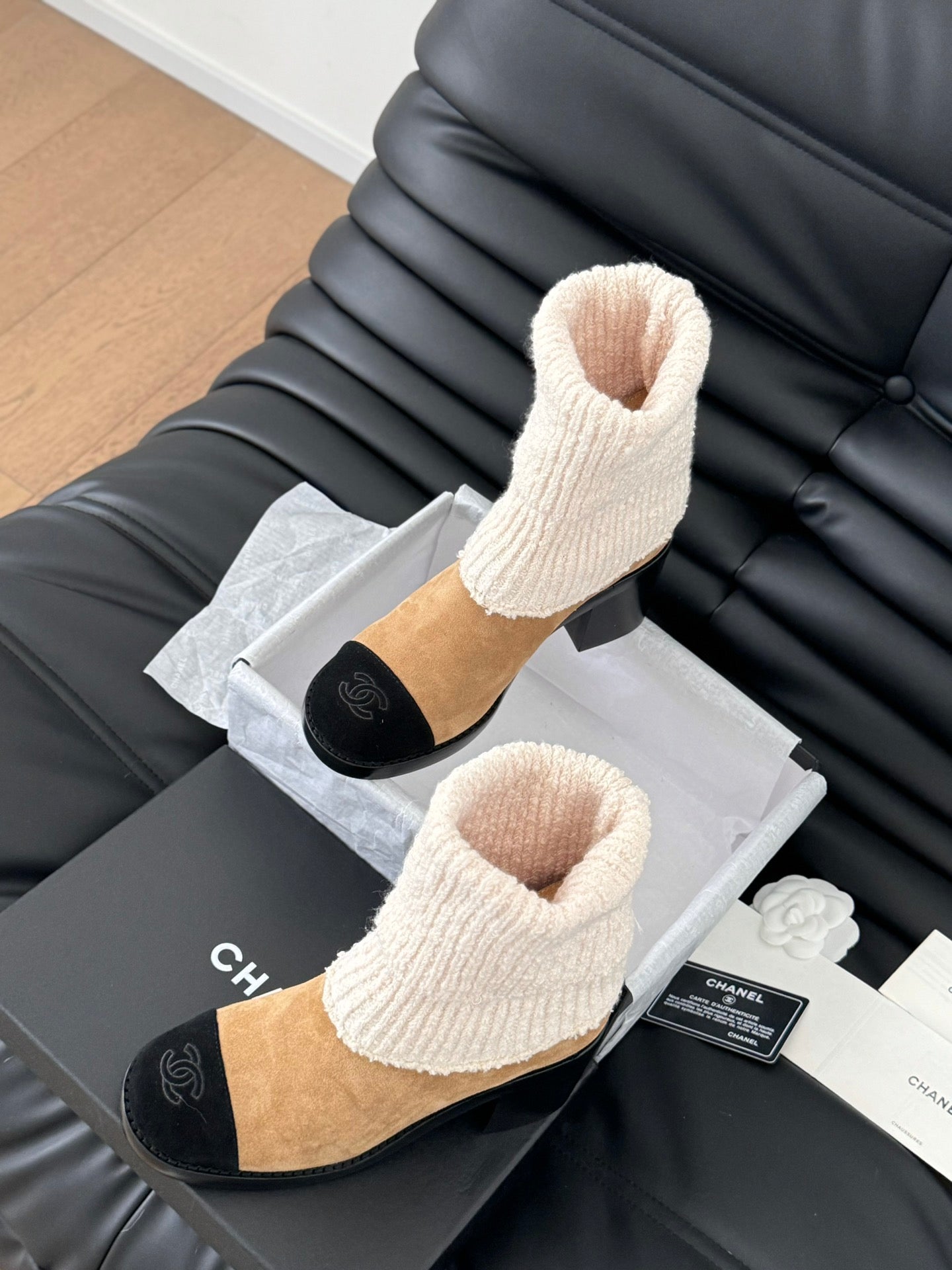 CC 25 new sock boots black beige knit wool suede  458776
