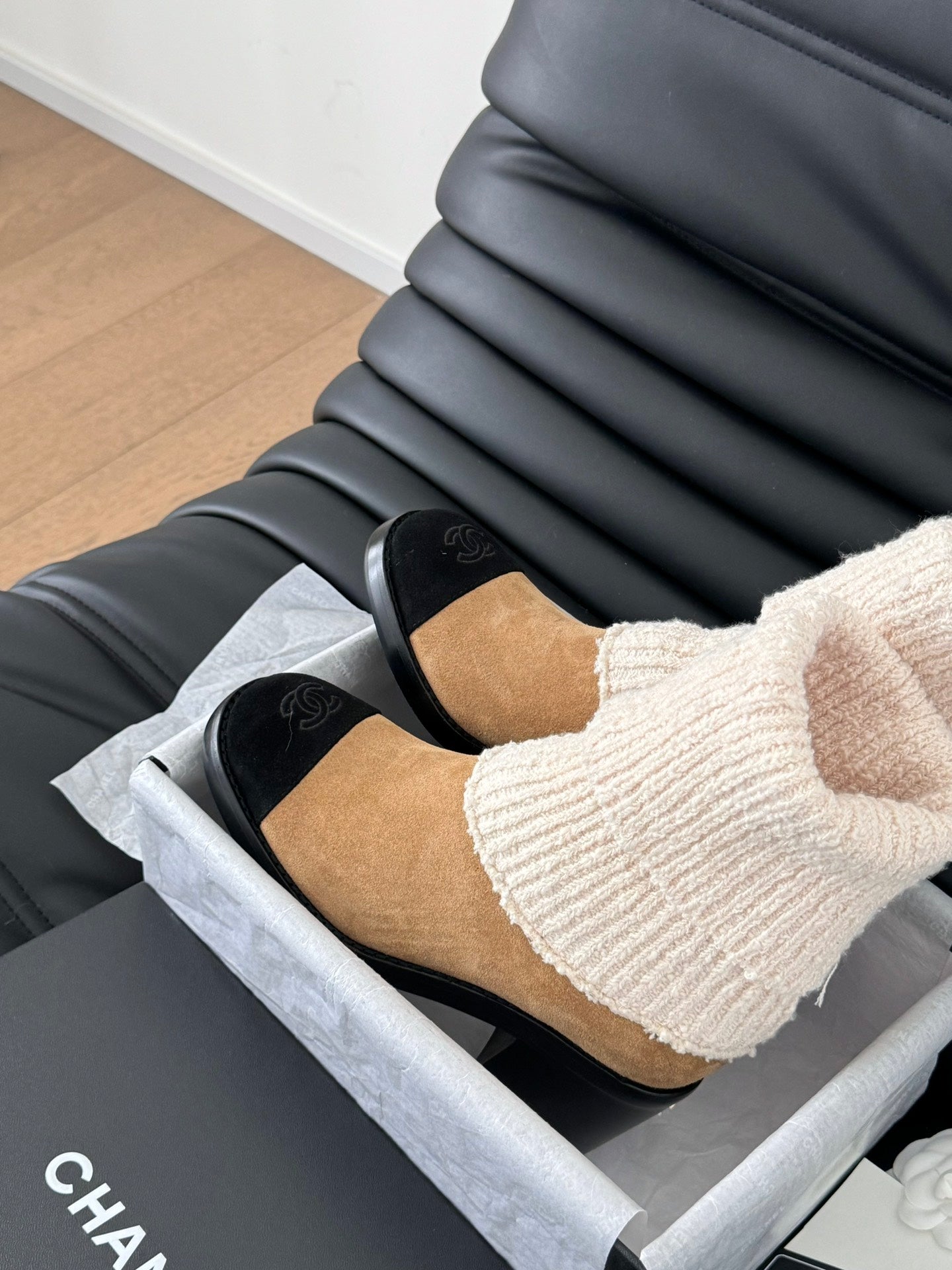 CC 25 new sock boots black beige knit wool suede  458776