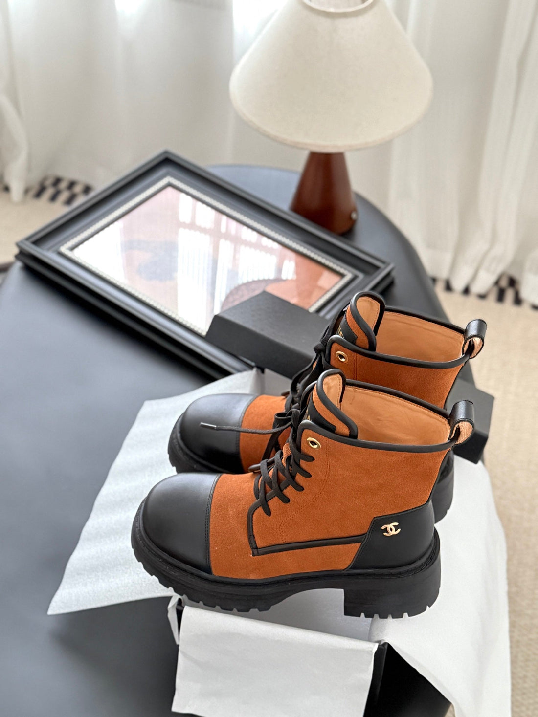 CC 25 ankle boots burnt orange black suede sheepskin 458766