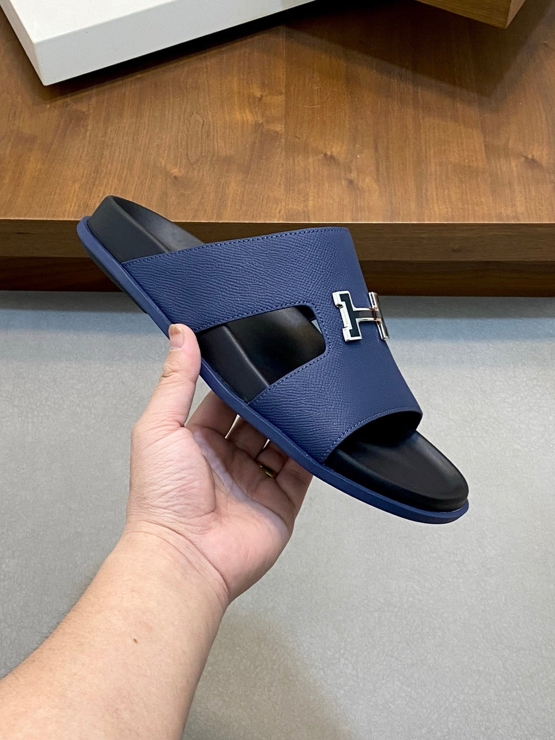 HM Men's Slide Navy Blue Cowhide Leather 588997