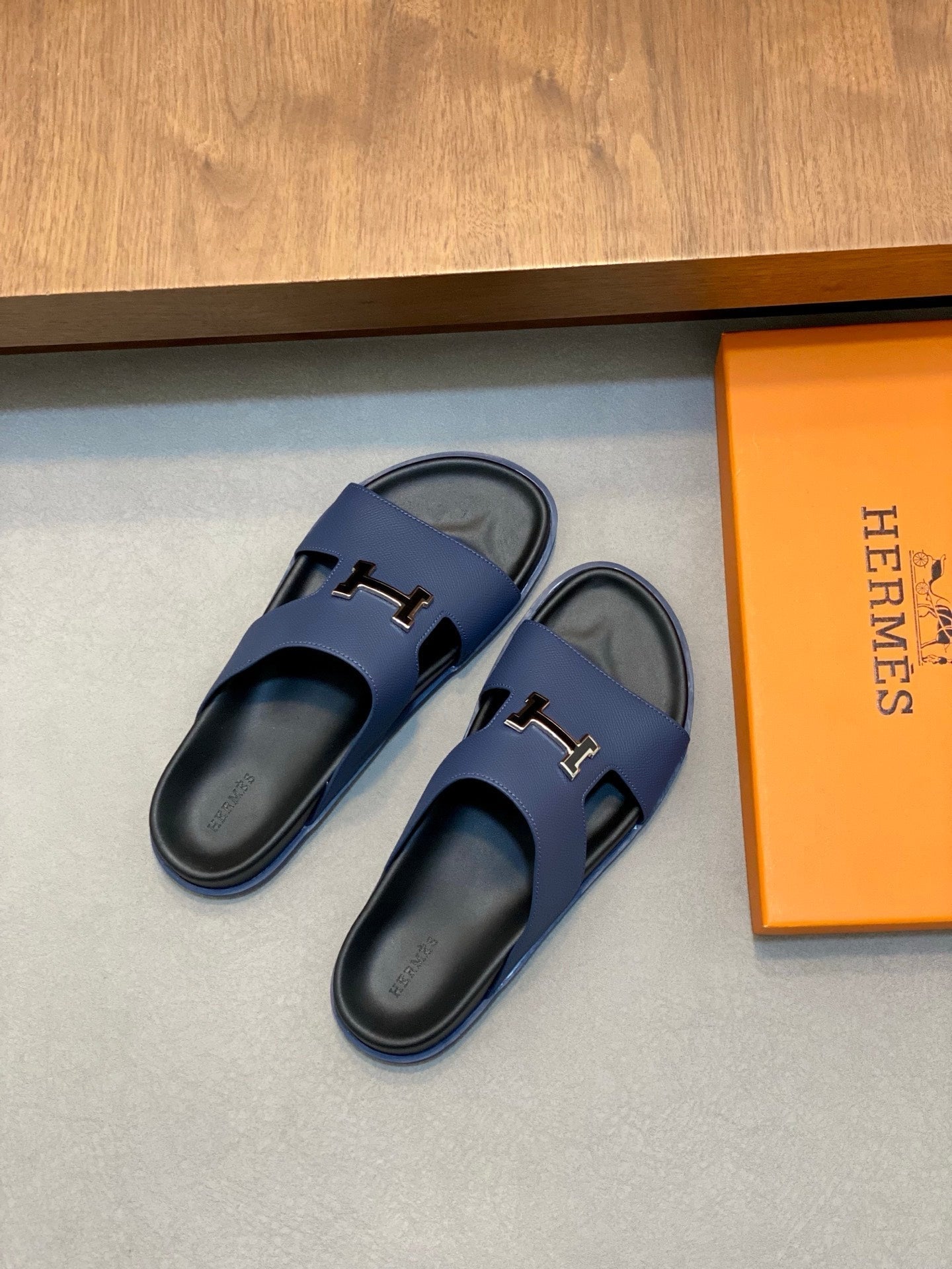 HM Men's Slide Navy Blue Cowhide Leather 588997