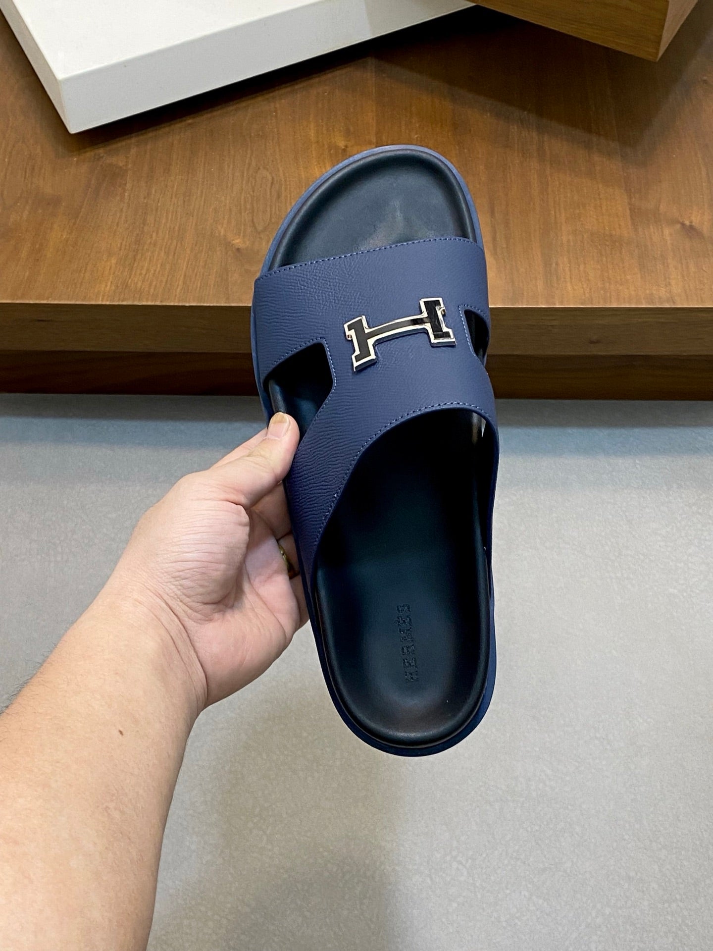 HM Men's Slide Navy Blue Cowhide Leather 588997