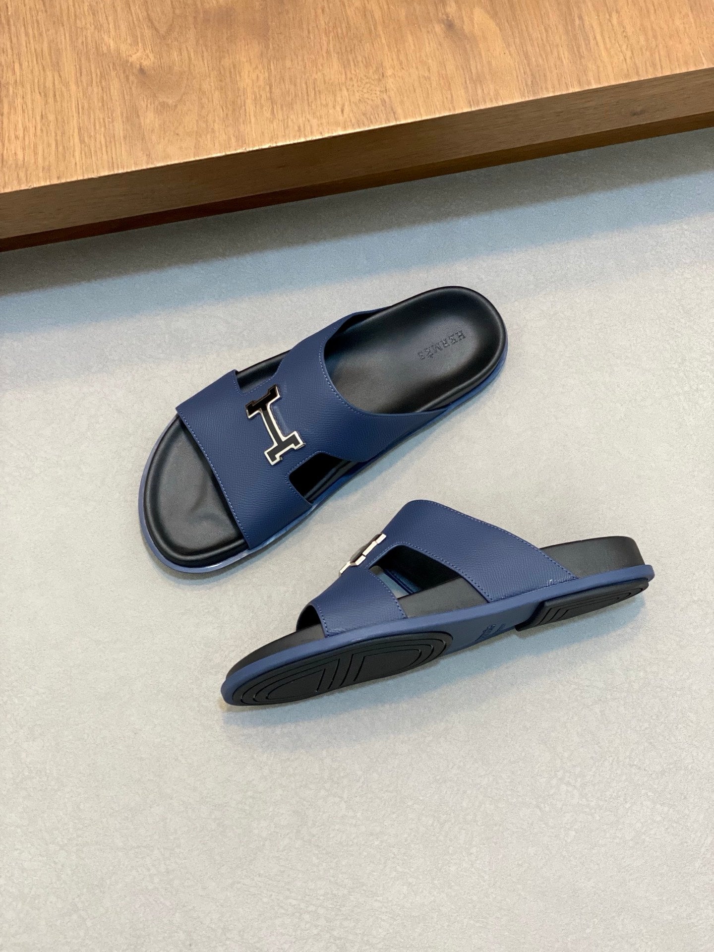 HM Men's Slide Navy Blue Cowhide Leather 588997