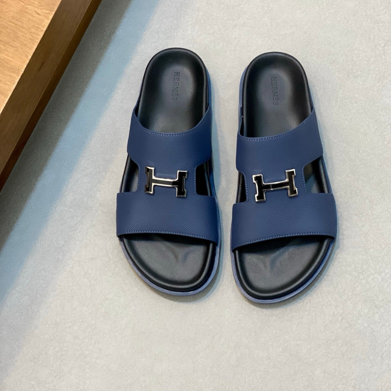 HM Men's Slide Navy Blue Cowhide Leather 588997