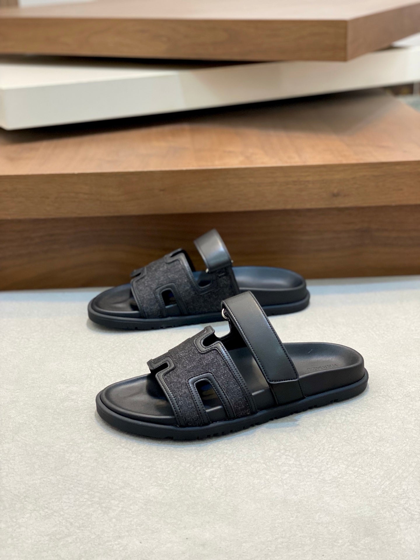 HM Men's Chypre Sandals Blue Black Denim Cowhide