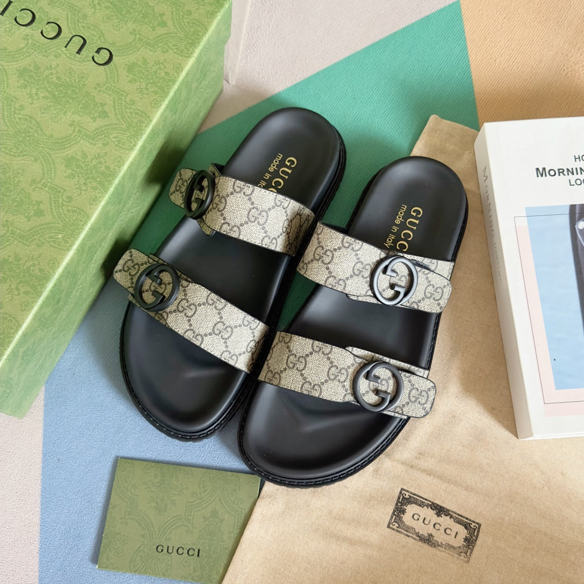 GG Men's Sandals Slide Brown Canvas 558134