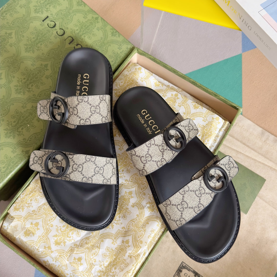 GG Men's Sandals Slide Brown Canvas 558134