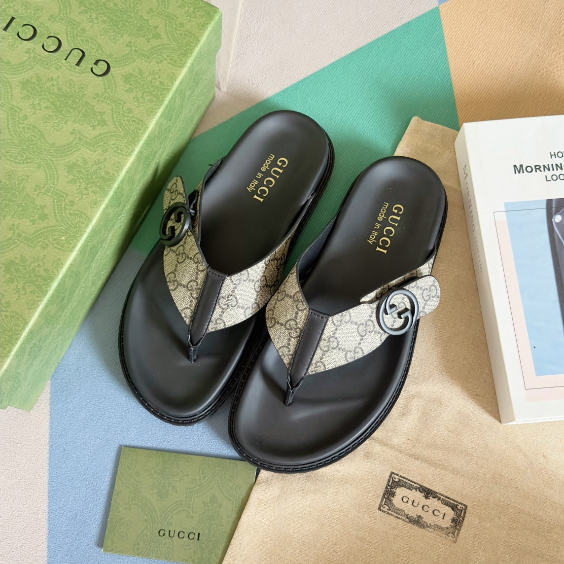 GG Men's Thong Sandals Brown Canvas 558135