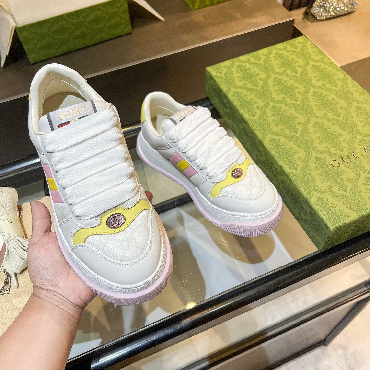 GG Men's Screener Sneaker White Canvas Sheepskin 523605