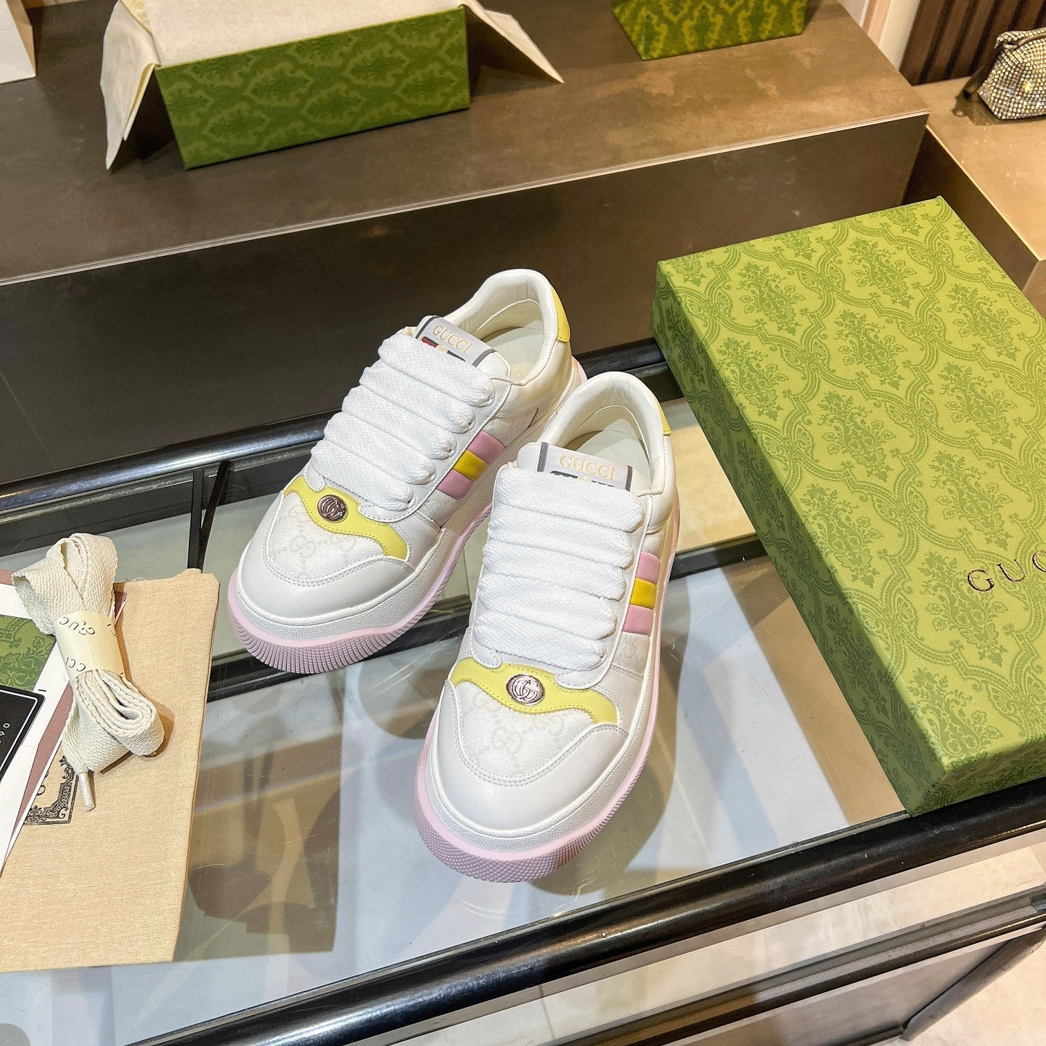 GG Men's Screener Sneaker White Canvas Sheepskin 523605