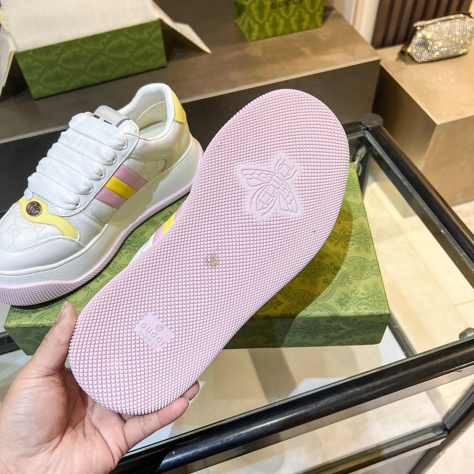 GG Men's Screener Sneaker White Canvas Sheepskin 523605