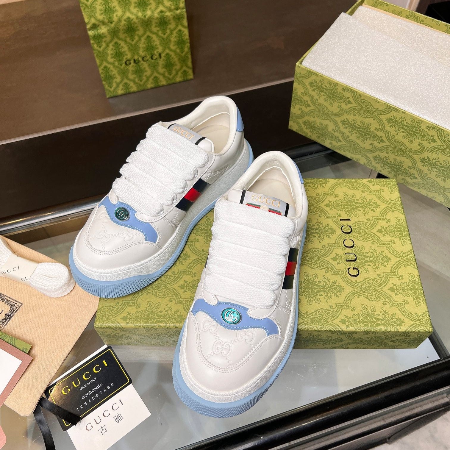 GG Men's Screener Sneaker White Blue Canvas Sheepskin 523602