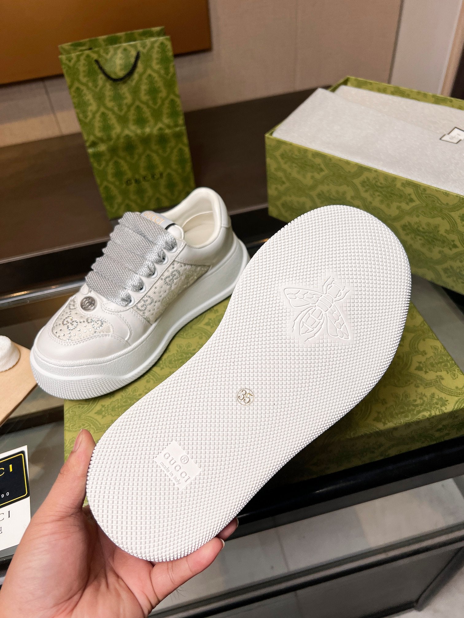 GG Men's Screener Sneaker Cream White Canvas Sheepskin 523603