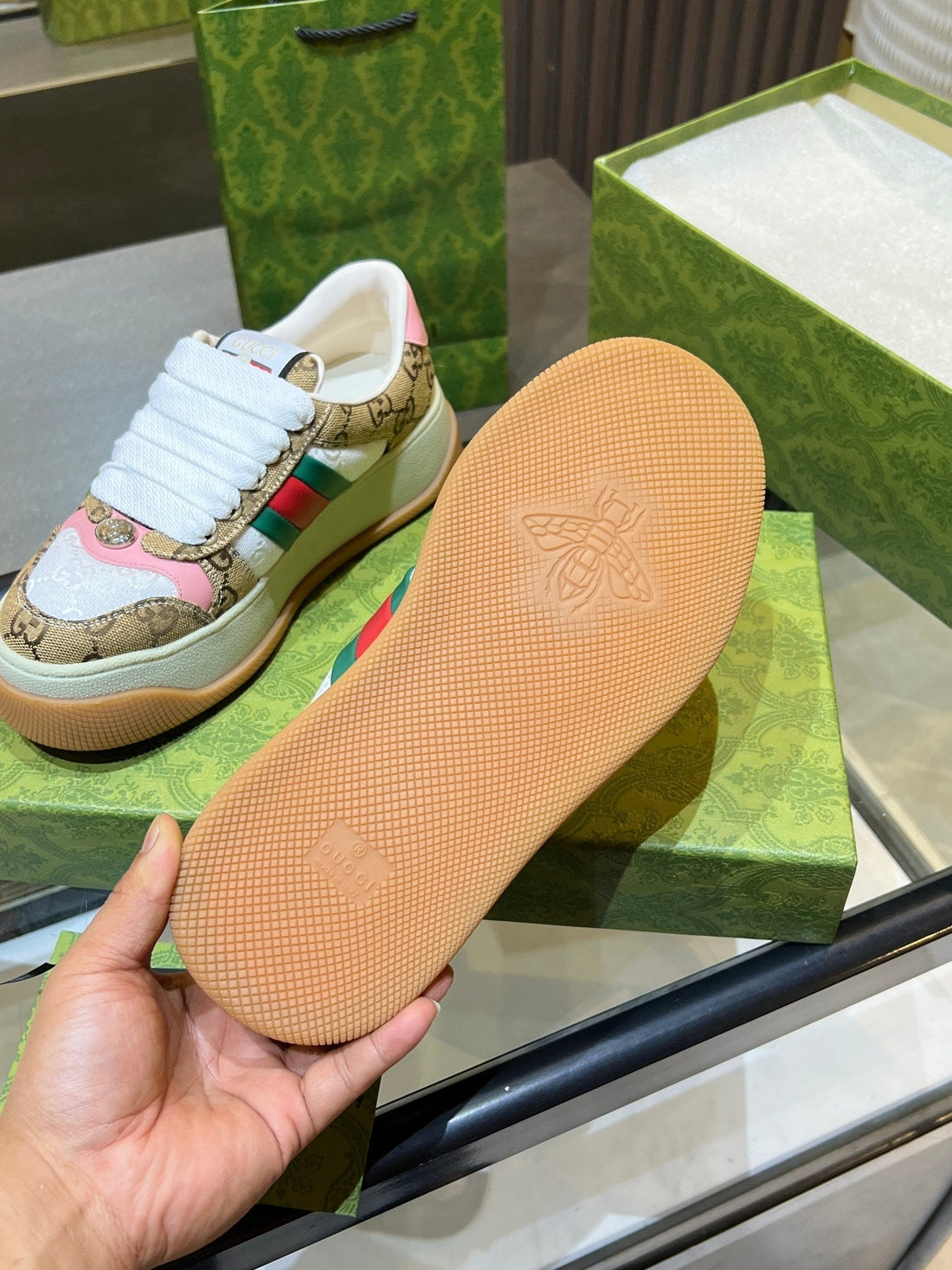 GG Men's Screener Sneaker Brown White Canvas Sheepskin 523601