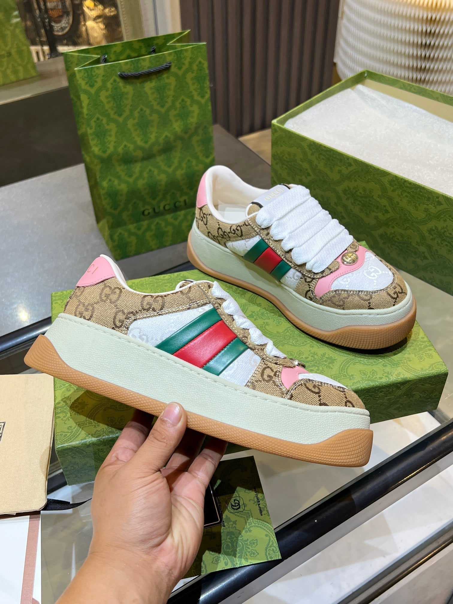 GG Men's Screener Sneaker Brown White Canvas Sheepskin 523601