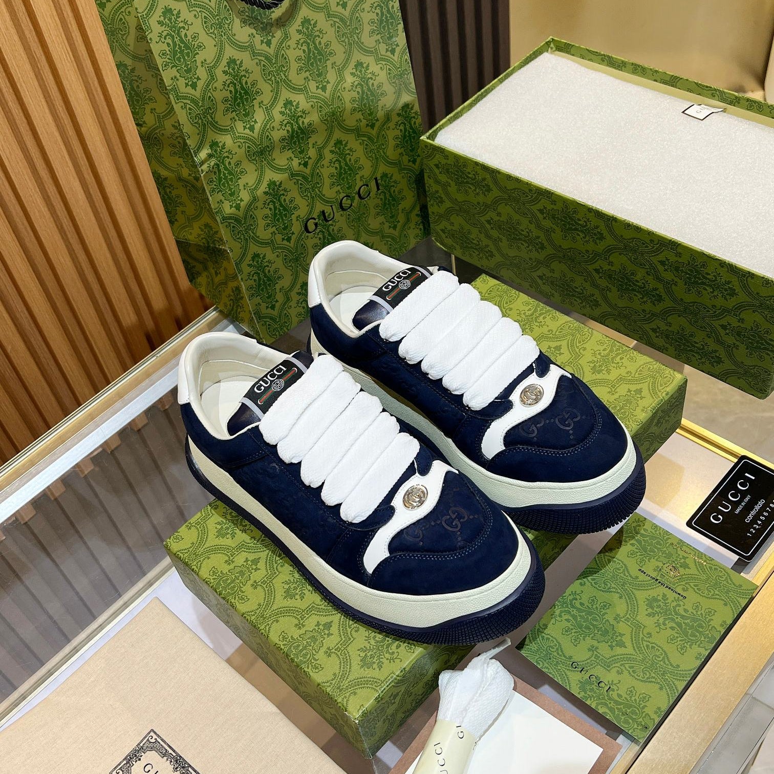 GG Men's Screener Sneaker Blue Canvas Sheepskin 523610