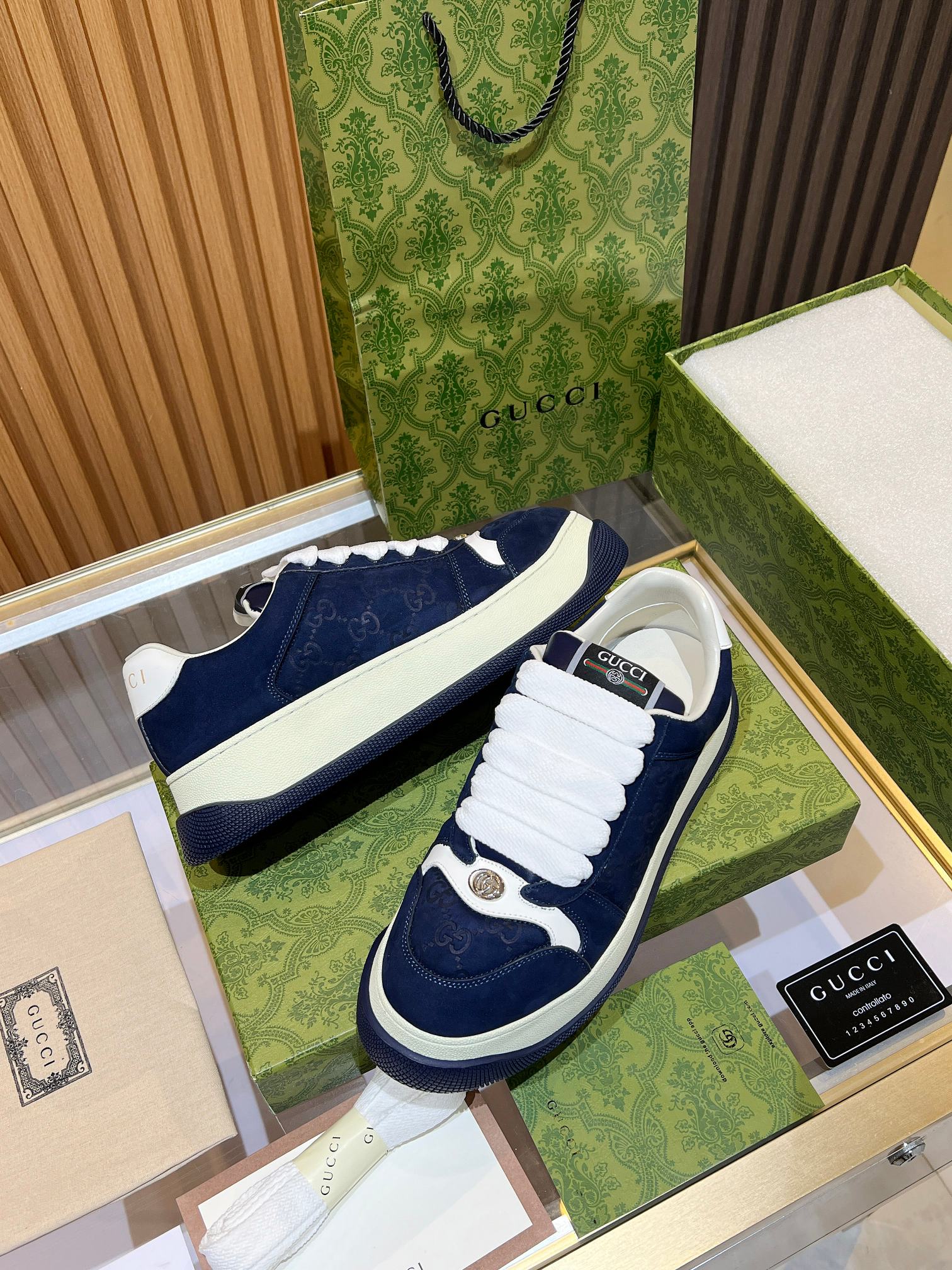 GG Men's Screener Sneaker Blue Canvas Sheepskin 523610